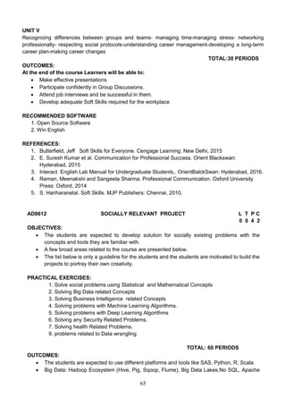 65
UNIT V
Recognizing differences between groups and teams- managing time-managing stress- networking
professionally- respecting social protocols-understanding career management-developing a long-term
career plan-making career changes
TOTAL:30 PERIODS
OUTCOMES:
At the end of the course Learners will be able to:
 Make effective presentations
 Participate confidently in Group Discussions.
 Attend job interviews and be successful in them.
 Develop adequate Soft Skills required for the workplace
RECOMMENDED SOFTWARE
1. Open Source Software
2. Win English
REFERENCES:
1. Butterfield, Jeff Soft Skills for Everyone. Cengage Learning: New Delhi, 2015
2. E. Suresh Kumar et al. Communication for Professional Success. Orient Blackswan:
Hyderabad, 2015
3. Interact English Lab Manual for Undergraduate Students,. OrientBalckSwan: Hyderabad, 2016.
4. Raman, Meenakshi and Sangeeta Sharma. Professional Communication. Oxford University
Press: Oxford, 2014
5. S. Hariharanetal. Soft Skills. MJP Publishers: Chennai, 2010.
AD8612 SOCIALLY RELEVANT PROJECT L T P C
0 0 4 2
OBJECTIVES:
 The students are expected to develop solution for socially existing problems with the
concepts and tools they are familiar with.
 A few broad areas related to the course are presented below.
 The list below is only a guideline for the students and the students are motivated to build the
projects to portray their own creativity.
PRACTICAL EXERCISES:
1. Solve social problems using Statistical and Mathematical Concepts
2. Solving Big Data related Concepts
3. Solving Business Intelligence related Concepts
4. Solving problems with Machine Learning Algorithms.
5. Solving problems with Deep Learning Algorithms
6. Solving any Security Related Problems.
7. Solving health Related Problems.
9. problems related to Data wrangling
TOTAL: 60 PERIODS
OUTCOMES:
 The students are expected to use different platforms and tools like SAS, Python, R, Scala.
 Big Data: Hadoop Ecosystem (Hive, Pig, Sqoop, Flume), Big Data Lakes,No SQL, Apache
 