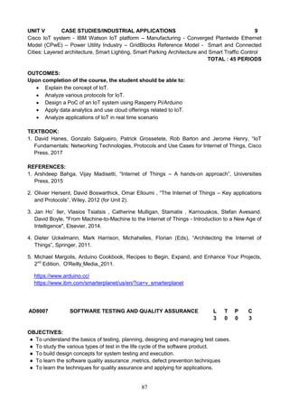 87
UNIT V CASE STUDIES/INDUSTRIAL APPLICATIONS 9
Cisco IoT system - IBM Watson IoT platform – Manufacturing - Converged Plantwide Ethernet
Model (CPwE) – Power Utility Industry – GridBlocks Reference Model - Smart and Connected
Cities: Layered architecture, Smart Lighting, Smart Parking Architecture and Smart Traffic Control
TOTAL : 45 PERIODS
OUTCOMES:
Upon completion of the course, the student should be able to:
 Explain the concept of IoT.
 Analyze various protocols for IoT.
 Design a PoC of an IoT system using Rasperry Pi/Arduino
 Apply data analytics and use cloud offerings related to IoT.
 Analyze applications of IoT in real time scenario
TEXTBOOK:
1. David Hanes, Gonzalo Salgueiro, Patrick Grossetete, Rob Barton and Jerome Henry, “IoT
Fundamentals: Networking Technologies, Protocols and Use Cases for Internet of Things, Cisco
Press, 2017
REFERENCES:
1. Arshdeep Bahga, Vijay Madisetti, “Internet of Things – A hands-on approach”, Universities
Press, 2015
2. Olivier Hersent, David Boswarthick, Omar Elloumi , “The Internet of Things – Key applications
and Protocols”, Wiley, 2012 (for Unit 2).
3. Jan Ho¨ ller, Vlasios Tsiatsis , Catherine Mulligan, Stamatis , Karnouskos, Stefan Avesand.
David Boyle, "From Machine-to-Machine to the Internet of Things - Introduction to a New Age of
Intelligence", Elsevier, 2014.
4. Dieter Uckelmann, Mark Harrison, Michahelles, Florian (Eds), “Architecting the Internet of
Things”, Springer, 2011.
5. Michael Margolis, Arduino Cookbook, Recipes to Begin, Expand, and Enhance Your Projects,
2nd
Edition, O'Reilly Media, 2011.
https://www.arduino.cc/
https://www.ibm.com/smarterplanet/us/en/?ca=v_smarterplanet
AD8007 SOFTWARE TESTING AND QUALITY ASSURANCE L T P C
3 0 0 3
OBJECTIVES:
● To understand the basics of testing, planning, designing and managing test cases.
● To study the various types of test in the life cycle of the software product.
● To build design concepts for system testing and execution.
● To learn the software quality assurance ,metrics, defect prevention techniques
● To learn the techniques for quality assurance and applying for applications.
 