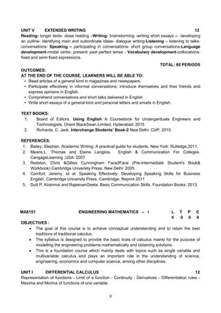 9
UNIT V EXTENDED WRITING 12
Reading- longer texts- close reading –Writing- brainstorming -writing short essays – developing
an outline- identifying main and subordinate ideas- dialogue writing-Listening – listening to talks-
conversations- Speaking – participating in conversations- short group conversations-Language
development-modal verbs- present/ past perfect tense - Vocabulary development-collocations-
fixed and semi-fixed expressions.
TOTAL: 60 PERIODS
OUTCOMES:
AT THE END OF THE COURSE, LEARNERS WILL BE ABLE TO:
• Read articles of a general kind in magazines and newspapers.
• Participate effectively in informal conversations; introduce themselves and their friends and
express opinions in English.
• Comprehend conversations and short talks delivered in English
• Write short essays of a general kind and personal letters and emails in English.
TEXT BOOKS:
1. Board of Editors. Using English A Coursebook for Undergarduate Engineers and
Technologists. Orient BlackSwan Limited, Hyderabad: 2015
2. Richards, C. Jack. Interchange Students’ Book-2 New Delhi: CUP, 2015.
REFERENCES:
1. Bailey, Stephen. Academic Writing: A practical guide for students. New York: Rutledge,2011.
2. Means,L. Thomas and Elaine Langlois. English & Communication For Colleges.
CengageLearning ,USA: 2007
3. Redston, Chris &Gillies Cunningham Face2Face (Pre-intermediate Student’s Book&
Workbook) Cambridge University Press, New Delhi: 2005
4. Comfort, Jeremy, et al. Speaking Effectively: Developing Speaking Skills for Business
English. Cambridge University Press, Cambridge: Reprint 2011
5. Dutt P. Kiranmai and RajeevanGeeta. Basic Communication Skills, Foundation Books: 2013.
MA8151 ENGINEERING MATHEMATICS – I L T P C
4 0 0 4
OBJECTIVES :
 The goal of this course is to achieve conceptual understanding and to retain the best
traditions of traditional calculus.
 The syllabus is designed to provide the basic tools of calculus mainly for the purpose of
modelling the engineering problems mathematically and obtaining solutions.
 This is a foundation course which mainly deals with topics such as single variable and
multivariable calculus and plays an important role in the understanding of science,
engineering, economics and computer science, among other disciplines.
UNIT I DIFFERENTIAL CALCULUS 12
Representation of functions - Limit of a function - Continuity - Derivatives - Differentiation rules -
Maxima and Minima of functions of one variable.
 