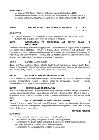 93
REFERENCES:
1. JJ Geewax, “API Design Patterns”, 1st Edition, Manning Publications, 2021.
2. Bogunuva Mohanram Balachandar, “Restful Java Web Services: A pragmatic guide to
designing and building RESTful APIs using Java, 3rd Edition, Ingram Short Title, 2017.
AD8009 OPERATIONS AND SUPPLY CHAIN MANAGEMENT L T P C
3 0 0 3
OBJECTIVES:
 To provide an insight on the operations, quality management and sampling tools and
fundamentals of supply chain networks, tools and techniques
UNIT I INTRODUCTION TO OPERATIONS AND SUPPLY CHAIN
MANAGEMENT
9
Scope and Importance- Evolution of Supply Chain - Decision Phases in Supply Chain - Competitive
and Supply chain Strategies – Drivers of Supply Chain Performance and Obstacles - The
Operations Function - The Evolution of Operations and Supply Chain Management – Globalization -
Productivity and Competitiveness - Strategy and Operations-Operational Decision-Making Tools:
Decision Analysis-Decision Analysis with and without Probabilities
UNIT II QUALITY MANAGEMENT 9
Quality and Value in Athletic Shoes -What Is Quality-Quality Management System-Quality Tools-
Quality in Services-Six Sigma-Quality Costs and Productivity-Quality Awards-ISO 9000-Statistical
Process Control-Operational Decision-Making Tools: Acceptance Samp
UNIT III NETWORK DESIGN AND TRANSPORTATION 9
Factors influencing Distribution network design – Design options for Distribution Network-– factors
affecting transportations decision – Design option for transportation network – Tailored
transportation – Routing and scheduling in transportation
UNIT IV SOURCING AND COORDINATION 9
Role of sourcing supply chain - supplier selection assessment and contracts- Design collaboration -
sourcing planning and analysis - supply chain co-ordination - Bull whip effect – Effect of lack of co-
ordination in supply chain and obstacles – Building strategic partnerships and trust within a supply
chain.
UNIT V SUPPLY CHAIN AND INFORMATION TECHNOLOGY 9
The role IT in supply chain- The supply chain IT frame work - Customer Relationship Management
– Internal supply chain management – supplier relationship management – future of IT in supply
chain – E-Business in supply chain.
TOTAL:45 PERIODS
OUTCOMES:
 To know about the operations and fundamentals of supply chain
 To understand the quality management tools and sampling process
 To understand the design factors and various design options of distribution networks in
industries and the role of transportation and warehousing
 To understand the various sourcing decisions in supply chain
 
