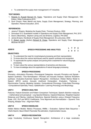 94
 To understand the supply chain management in IT industries
TEXT BOOKS:
1. Roberta S. Russell, Bernard W. Taylor, “Operations and Supply Chain Management, 10th
Edition, Wiley Publications,2019
2. Sunil Chopra, Peter Meindl and Kalra, Supply Chain Management, Strategy, Planning, and
Operation, Pearson Education, 2010.
REFERENCES:
1. Jeremy F.Shapiro, Modeling the Supply Chain, Thomson Duxbury, 2002.
2. Srinivasan G.S, Quantitative models in Operations and Supply Chain Management, PHI, 2010
3. David J.Bloomberg , Stephen Lemay and Joe B.Hanna, Logistics, PHI 2002.
4. James B.Ayers, Handbook of Supply Chain Management, St.Lucle press, 2000
5. F. Robert Jacobs (Author), Richard B. Chase, Operations and Supply Chain Management
McGraw Hill 2017
AD8010 SPEECH PROCESSING AND ANALYTICS
L T P C
3 0 0 3
OBJECTIVES:
1. To understand the need for morphological processing and their representation
2. To know about the various techniques used for speech synthesis and recognition
3. To appreciate the syntax analysis and parsing that is essential for natural language
processing
4. To learn about the various representations of semantics and discourse
5. To have knowledge about the applications of natural language processing
UNIT I SPEECH PROCESSING 9
Phonetics –Articulatory Phonetics -Phonological Categories -Acoustic Phonetics and Signals -
Speech Synthesis –Text Normalization –Phonetic and Acoustic Analysis -Diphone Waveform
synthesis –Evaluation-Automatic Speech Recognition –Architecture -Hidden Markov Model to
Speech -MFCC vectors -Acoustic Likelihood Computation -Evaluation. Triphones –
Discriminative Training -Modeling Variation. Computational Phonology- Finite-State Phonology
–Computational Optimality Theory -Syllabification -Learning Phonology and Morphology
UNIT II SPEECH ANALYSIS 9
Features, Feature Extraction and Pattern Comparison Techniques: Speech distortion measures
– mathematical and perceptual – Log Spectral Distance, Cepstral Distances, Weighted Cepstral
Distances and Filtering, Likelihood Distortions, Spectral Distortion using a Warped Frequency
Scale, LPC, PLP and MFCC Coefficients, Time Alignment and Normalization – Dynamic Time
Warping, Multiple Time – Alignment Paths
UNIT III SPEECH MODELING 9
Hidden Markov Models: Markov Processes, HMMs – Evaluation, Optimal State Sequence –
Viterbi Search, Baum-Welch Parameter Re-estimation, Implementation issues.
UNIT IV SPEECH RECOGNITION 9
Large Vocabulary Continuous Speech Recognition: Architecture of a large vocabulary
 