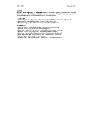 2007-2008

Page 12 of 94

UNIT VIII
SCIENCE & TECHNOLOGY OF NANOMATERIALS: Introduction to Nano materials - Basic principles
of Nanoscience & Technology – Fabrication of nano materials – Physical & chemical properties of
nanomaterials – Carbon nanotubes – Applications of nanotechnology.
TEXTBOOKS:
nd
1. Applied Physics 2 edition by Dr. P. Appala Naidu & Dr. M. Chandra Shekar, V.G.S. Book links.
2. Introduction to Solid State Physics by C. Kittel ; Wiley Eastern Ltd.
3. Nanotechnology by Mark Ratner and Daniel Ratner; Pearson Education.
REFERENCES:
1. Materials Science and Engineering by V. Raghavan; Prentice-Hall India.
2. Materials Science by M. Arumugam; Anuradha Agencies.
3. Solid State Physics by N.W. Ashcroft & N. David Merwin; Thomson Learning.
4. Materials Science by M.S.Vijaya & G. Rangarajan; Tata McGraw Hill.
5. Solid State Physics by P.K. Palanisamy; Scitech Publications (India) Pvt. Ltd.
6. Nano Materials by A.K. Bandyopadhyay, New Age International Publishers.
7. Applied Physics by P.K.Mittal; I.K. International.
8. Applied Physics by K. Vijay Kumar & T. Sreekanth; S. Chand & Company Ltd.

 