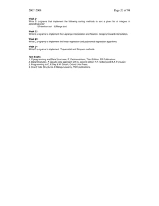 2007-2008

Page 20 of 94

Week 21
Write C programs that implement the following sorting methods to sort a given list of integers in
ascending order:
i) Insertion sort ii) Merge sort
Week 22
Write C programs to implement the Lagrange interpolation and Newton- Gregory forward interpolation.
Week 23
Write C programs to implement the linear regression and polynomial regression algorithms.
Week 24
Write C programs to implement Trapezoidal and Simpson methods.
Text Books
1. C programming and Data Structures, P. Padmanabham, Third Edition, BS Publications
2. Data Structures: A pseudo code approach with C, second edition R.F. Gilberg and B.A. Forouzan
3. Programming in C, P.Dey & M. Ghosh, Oxford Univ.Press.
4. C and Data Structures, E Balaguruswamy, TMH publications.

 