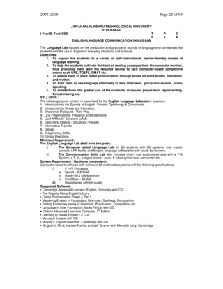 2007-2008

I Year B. Tech CSE

Page 22 of 94
JAWAHARLAL NEHRU TECHNOLOGICAL UNIVERSITY
HYDERABAD
T
0
ENGLISH LANGUAGE COMMUNICATION SKILLS LAB

P
3

C
4

The Language Lab focuses on the production and practice of sounds of language and familiarises the
students with the use of English in everyday situations and contexts.
Objectives:
1. To expose the students to a variety of self-instructional, learner-friendly modes of
language learning.
2. To help the students cultivate the habit of reading passages from the computer monitor,
thus providing them with the required facility to face computer-based competitive
exams such GRE, TOEFL, GMAT etc.
3. To enable them to learn better pronunciation through stress on word accent, intonation,
and rhythm.
4. To train them to use language effectively to face interviews, group discussions, public
speaking.
5. To initiate them into greater use of the computer in resume preparation, report writing,
format-making etc.
SYLLABUS :
The following course content is prescribed for the English Language Laboratory sessions:
1. Introduction to the Sounds of English- Vowels, Diphthongs & Consonants.
2. Introduction to Stress and Intonation.
3. Situational Dialogues / Role Play.
4. Oral Presentations- Prepared and Extempore.
5. ‘Just A Minute’ Sessions (JAM).
6. Describing Objects / Situations / People.
7. Information Transfer
8. Debate
9. Telephoning Skills.
10. Giving Directions.
Minimum Requirement:
The English Language Lab shall have two parts:
i)
The Computer aided Language Lab for 60 students with 60 systems, one master
console, LAN facility and English language software for self- study by learners.
ii)
The Communication Skills Lab with movable chairs and audio-visual aids with a P.A
System, a T. V., a digital stereo –audio & video system and camcorder etc.
System Requirement ( Hardware component):
Computer network with Lan with minimum 60 multimedia systems with the following specifications:
i)
P – IV Processor
a) Speed – 2.8 GHZ
b) RAM – 512 MB Minimum
c) Hard Disk – 80 GB
ii)
Headphones of High quality
Suggested Software:
• Cambridge Advanced Learners’ English Dictionary with CD.
• The Rosetta Stone English Library
• Clarity Pronunciation Power – Part I
• Mastering English in Vocabulary, Grammar, Spellings, Composition
• Dorling Kindersley series of Grammar, Punctuation, Composition etc.
• Language in Use, Foundation Books Pvt Ltd with CD.
• Oxford Advanced Learner’s Compass, 7th Edition
• Learning to Speak English - 4 CDs
• Microsoft Encarta with CD
• Murphy’s English Grammar, Cambridge with CD
English in Mind, Herbert Puchta and Jeff Stranks with Meredith Levy, Cambridge

 