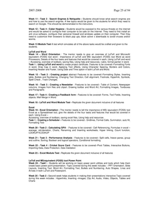 2007-2008

Page 25 of 94

Week 11 - Task 3 : Search Engines & Netiquette : Students should know what search engines are
and how to use the search engines. A few topics would be given to the students for which they need to
search on Google. This should be demonstrated to the instructors.
Week 12 - Task 4 : Cyber Hygiene : Students would be exposed to the various threats on the internet
and would be asked to configure their computer to be safe on the internet. They need to first install an
anti virus software, configure their personal firewall and windows update on their computer. Then they
need to customize their browsers to block pop ups, block active x downloads to avoid viruses and/or
worms.
Week 13 Module Test A test which simulates all of the above tasks would be crafted and given to the
students.
LaTeX and Word
Week 14 – Word Orientation : The mentor needs to give an overview of LaTeX and Microsoft/
equivalent (FOSS) tool word : Importance of LaTeX and MS/ equivalent (FOSS) tool Word as word
Processors, Details of the four tasks and features that would be covered in each, Using LaTeX and word
– Accessing, overview of toolbars, saving files, Using help and resources, rulers, format painter in word.
Task 1 : Using LaTeX and word to create project certificate. Features to be covered:-Formatting Fonts
in word, Drop Cap in word, Applying Text effects, Using Character Spacing, Borders and Colors,
Inserting Header and Footer, Using Date and Time option in both LaTeX and Word.
Week 15 - Task 2 : Creating project abstract Features to be covered:-Formatting Styles, Inserting
table, Bullets and Numbering, Changing Text Direction, Cell alignment, Footnote, Hyperlink, Symbols,
Spell Check , Track Changes.
Week 16 - Task 3 : Creating a Newsletter : Features to be covered:- Table of Content, Newspaper
columns, Images from files and clipart, Drawing toolbar and Word Art, Formatting Images, Textboxes
and Paragraphs
Week 17 - Task 4 : Creating a Feedback form - Features to be covered- Forms, Text Fields, Inserting
objects, Mail Merge in Word.
Week 18 - LaTeX and Word Module Test - Replicate the given document inclusive of all features
Excel
Week 19 - Excel Orientation : The mentor needs to tell the importance of MS/ equivalent (FOSS) tool
Excel as a Spreadsheet tool, give the details of the four tasks and features that would be covered in
each. Using Excel –
Accessing, overview of toolbars, saving excel files, Using help and resources
Task 1 : Creating a Scheduler - Features to be covered:- Gridlines, Format Cells, Summation, auto fill,
Formatting Text
Week 20 - Task 2 : Calculating GPA - .Features to be covered:- Cell Referencing, Formulae in excel –
average, std.deviation, Charts, Renaming and Inserting worksheets, Hyper linking, Count function,
LOOKUP/VLOOKUP
Week 21 - Task 3 : Performance Analysis - Features to be covered:- Split cells, freeze panes, group
and outline, Sorting, Boolean and logical operators, Conditional formatting
Week 22 - Task 4 : Cricket Score Card - Features to be covered:-Pivot Tables, Interactive Buttons,
Importing Data, Data Protection, Data Validation
Week 23 – Excel Module Test - Replicate the given document inclusive of all features
LaTeX and MS/equivalent (FOSS) tool Power Point
Week 24 - Task1 : Students will be working on basic power point utilities and tools which help them
create basic power point presentation. Topic covered during this week includes :- PPT Orientation, Slide
Layouts, Inserting Text, Word Art, Formatting Text, Bullets and Numbering, Auto Shapes, Lines and
Arrows in both LaTeX and Powerpoint.
Week 25 - Task 2 : Second week helps students in making their presentations interactive.Topic covered
during this week includes : Hyperlinks, Inserting –Images, Clip Art, Audio, Video, Objects, Tables and
Charts

 
