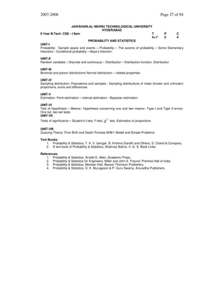 2007-2008

Page 27 of 94

JAWAHARLAL NEHRU TECHNOLOGICAL UNIVERSITY
HYDERABAD
II Year B.Tech. CSE - I Sem
T
P
C
4+1*
0
4
PROBABILITY AND STATISTICS
UNIT-I
Probability: Sample space and events – Probability – The axioms of probability – Some Elementary
theorems - Conditional probability – Baye’s theorem.
UNIT-II
Random variables – Discrete and continuous – Distribution – Distribution function. Distribution
UNIT-III
Binomial and poison distributions Normal distribution – related properties.
UNIT-IV
Sampling distribution: Populations and samples - Sampling distributions of mean (known and unknown)
proportions, sums and differences.
UNIT-V
Estimation: Point estimation – interval estimation - Bayesian estimation.
UNIT-VI
Test of Hypothesis – Means– Hypothesis concerning one and two means– Type I and Type II errors.
One tail, two-tail tests.
UNIT-VII
Tests of significance – Student’s t-test, F-test, χ

2

test. Estimation of proportions.

UNIT-VIII
Queuing Theory: Pure Birth and Death Process M/M/1 Model and Simple Problems.
Text Books:
1. Probability & Statistics, T. K. V. Iyengar, B. Krishna Gandhi and Others, S. Chand & Company.
2. A text book of Probability & Statistics, Shahnaz Bathul, V. G. S. Book Links.
References:
1. Probability & Statistics, Arnold O. Allen, Academic Press.
2. Probability & Statistics for Engineers, Miller and John E. Freund, Prentice Hall of India.
3. Probability & Statistics, Mendan Hall, Beaver Thomson Publishers.
4. Probability & Statistics, D. K. Murugeson & P. Guru Swamy, Anuradha Publishers.

 