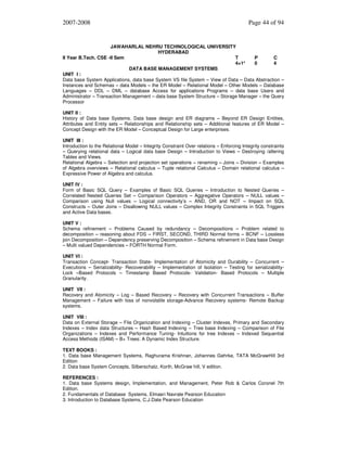 2007-2008

Page 44 of 94

JAWAHARLAL NEHRU TECHNOLOGICAL UNIVERSITY
HYDERABAD
II Year B.Tech. CSE -II Sem
T
P
C
4+1*
0
4
DATA BASE MANAGEMENT SYSTEMS
UNIT I :
Data base System Applications, data base System VS file System – View of Data – Data Abstraction –
Instances and Schemas – data Models – the ER Model – Relational Model – Other Models – Database
Languages – DDL – DML – database Access for applications Programs – data base Users and
Administrator – Transaction Management – data base System Structure – Storage Manager – the Query
Processor
UNIT II :
History of Data base Systems. Data base design and ER diagrams – Beyond ER Design Entities,
Attributes and Entity sets – Relationships and Relationship sets – Additional features of ER Model –
Concept Design with the ER Model – Conceptual Design for Large enterprises.
UNIT III :
Introduction to the Relational Model – Integrity Constraint Over relations – Enforcing Integrity constraints
– Querying relational data – Logical data base Design – Introduction to Views – Destroying /altering
Tables and Views.
Relational Algebra – Selection and projection set operations – renaming – Joins – Division – Examples
of Algebra overviews – Relational calculus – Tuple relational Calculus – Domain relational calculus –
Expressive Power of Algebra and calculus.
UNIT IV :
Form of Basic SQL Query – Examples of Basic SQL Queries – Introduction to Nested Queries –
Correlated Nested Queries Set – Comparison Operators – Aggregative Operators – NULL values –
Comparison using Null values – Logical connectivity’s – AND, OR and NOT – Impact on SQL
Constructs – Outer Joins – Disallowing NULL values – Complex Integrity Constraints in SQL Triggers
and Active Data bases.
UNIT V :
Schema refinement – Problems Caused by redundancy – Decompositions – Problem related to
decomposition – reasoning about FDS – FIRST, SECOND, THIRD Normal forms – BCNF – Lossless
join Decomposition – Dependency preserving Decomposition – Schema refinement in Data base Design
– Multi valued Dependencies – FORTH Normal Form.
UNIT VI :
Transaction Concept- Transaction State- Implementation of Atomicity and Durability – Concurrent –
Executions – Serializability- Recoverability – Implementation of Isolation – Testing for serializabilityLock –Based Protocols – Timestamp Based Protocols- Validation- Based Protocols – Multiple
Granularity.
UNIT VII :
Recovery and Atomicity – Log – Based Recovery – Recovery with Concurrent Transactions – Buffer
Management – Failure with loss of nonvolatile storage-Advance Recovery systems- Remote Backup
systems.
UNIT VIII :
Data on External Storage – File Organization and Indexing – Cluster Indexes, Primary and Secondary
Indexes – Index data Structures – Hash Based Indexing – Tree base Indexing – Comparison of File
Organizations – Indexes and Performance Tuning- Intuitions for tree Indexes – Indexed Sequential
Access Methods (ISAM) – B+ Trees: A Dynamic Index Structure.
TEXT BOOKS :
1. Data base Management Systems, Raghurama Krishnan, Johannes Gehrke, TATA McGrawHill 3rd
Edition
2. Data base System Concepts, Silberschatz, Korth, McGraw hill, V edition.
REFERENCES :
1. Data base Systems design, Implementation, and Management, Peter Rob & Carlos Coronel 7th
Edition.
2. Fundamentals of Database Systems, Elmasri Navrate Pearson Education
3. Introduction to Database Systems, C.J.Date Pearson Education

 