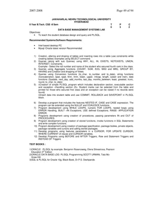 2007-2008
JAWAHARLAL NEHRU TECHNOLOGICAL UNIVERSITY
HYDERABAD
II Year B.Tech. CSE -II Sem
T
0
DATA BASE MANAGEMENT SYSTEMS LAB
Objectives:
•
To teach the student database design and query and PL/SQL.

Page 49 of 94

P
3

C
2

Recommended Systems/Software Requirements:
•
•

Intel based desktop PC
Mysql /Oracle latest version Recommended

1)

Creation, altering and droping of tables and inserting rows into a table (use constraints while
creating tables) examples using SELECT command.
Queries (along with sub Queries) using ANY, ALL, IN, EXISTS, NOTEXISTS, UNION,
INTERSET, Constraints.
Example:- Select the roll number and name of the student who secured fourth rank in the class.
Queries using Aggregate functions (COUNT, SUM, AVG, MAX and MIN), GROUP BY,
HAVING and Creation and dropping of Views.
Queries using Conversion functions (to_char, to_number and to_date), string functions
(Concatenation, lpad, rpad, ltrim, rtrim, lower, upper, initcap, length, substr and instr), date
functions (Sysdate, next_day, add_months, last_day, months_between, least, greatest, trunc,
round, to_char, to_date)
i)Creation of simple PL/SQL program which includes declaration section, executable section
and exception –Handling section (Ex. Student marks can be selected from the table and
printed for those who secured first class and an exception can be raised if no records were
found)
ii)Insert data into student table and use COMMIT, ROLLBACK and SAVEPOINT in PL/SQL
block.

2)
3)
4)

5)

6)

Develop a program that includes the features NESTED IF, CASE and CASE expression. The
program can be extended using the NULLIF and COALESCE functions.
7) Program development using WHILE LOOPS, numeric FOR LOOPS, nested loops using
ERROR Handling, BUILT –IN Exceptions, USE defined Exceptions, RAISE- APPLICATION
ERROR.
8) Programs development using creation of procedures, passing parameters IN and OUT of
PROCEDURES.
9) Program development using creation of stored functions, invoke functions in SQL Statements
and write complex functions.
10) Program development using creation of package specification, package bodies, private objects,
package variables and cursors and calling stored packages.
11) Develop programs using features parameters in a CURSOR, FOR UPDATE CURSOR,
WHERE CURRENT of clause and CURSOR variables.
12) Develop Programs using BEFORE and AFTER Triggers, Row and Statement Triggers and
INSTEAD OF Triggers
TEXT BOOKS :
1)ORACLE PL/SQL by example. Benjamin Rosenzweig, Elena Silvestrova, Pearson
rd
Education 3 Edition
2)ORACLE DATA BASE LOG PL/SQL Programming SCOTT URMAN, Tata McGraw Hill.
3)SQL & PL/SQL for Oracle 10g, Black Book, Dr.P.S. Deshpande.

 