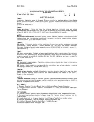 2007-2008

Page 52 of 94

JAWAHARLAL NEHRU TECHNOLOGICAL UNIVERSITY
HYDERABAD
III Year B.Tech. CSE -I Sem
T
P
C
4+1*
0
4
COMPUTER GRAPHICS
UNIT I :
Introduction, Application areas of Computer Graphics, overview of graphics systems, video-display
devices, raster-scan systems, random scan systems, graphics monitors and work stations and input
devices
(p.nos 22-90 of text book-1).
UNIT II :
Output primitives : Points and lines, line drawing algorithms, mid-point circle and ellipse
algorithms.Filled area primitives: Scan line polygon fill algorithm, boundary-fill and flood-fill algorithms
(p.nos 103-123,137- 145,147-150,164-171 of text book-1, p.nos. 72-99 of text book-2).
UNIT III :
2-D geometrical transforms : Translation, scaling, rotation, reflection and shear transformations, matrix
representations and homogeneous coordinates, composite transforms, transformations between
coordinate systems. (p.nos 204-227 of text book-1).
UNIT IV :
2-D viewing : The viewing pipeline, viewing coordinate reference frame, window to view-port coordinate
transformation, viewing functions, Cohen-Sutherland and Cyrus-beck line clipping algorithms,
Sutherland –Hodgeman polygon clipping algorithm(p.nos 237-249,257-261 of text book -1, p.nos. 111126 of text book-2).
UNIT V :
3-D object representation : Polygon surfaces, quadric surfaces, spline representation, Hermite curve,
Bezier curve and B-Spline curves, Bezier and B-Spline surfaces. Basic illumination models, polygon
rendering methods. (p.nos 324-331,340-342, 347-364, 516-531, 542-546 of text book-1, p.nos 473529,721-739 of text book-2).
UNIT VI :
3-D Geometric transformations : Translation, rotation, scaling, reflection and shear transformations,
composite transformations.
3-D viewing : Viewing pipeline, viewing coordinates, view volume and general projection transforms
and clipping (p.nos 427-443, 452-481 of text book -1).
UNIT VII :
Visible surface detection methods : Classification, back-face detection, depth-buffer, scan-line, depth
sorting, BSP-tree methods, area sub-division and octree methods(p.nos 489-505 of text book -1,
Chapter 15 of of text book-2).
UNIT VIII :
Computer animation : Design of animation sequence, general computer animation functions, raster
animation, computer animation languages, key frame systems, motion specifications. ( p.nos 604-616 of
text book -1, chapter 21 of text book-2).
TEXT BOOKS :
1. “Computer Graphics C version”, Donald Hearn and M.Pauline Baker, Pearson Education.
2. “Computer Graphics Principles & practice”, second edition in C, Foley, VanDam, Feiner and Hughes,
Pearson Education.
REFERENCES :
1. “Computer Graphics”, second Edition, Donald Hearn and M.Pauline Baker, PHI/Pearson Education.
2. “Computer Graphics Second edition”, Zhigand xiang, Roy Plastock, Schaum’s outlines, Tata McGraw hill edition.
3. Procedural elements for Computer Graphics, David F Rogers, Tata Mc Graw hill, 2nd edition.
4. “Principles of Interactive Computer Graphics”, Neuman and Sproul, TMH.
5. Principles of Computer Graphics, Shalini Govil, Pai, 2005, Springer.
6. Computer Graphics, Steven Harrington, TMH

 