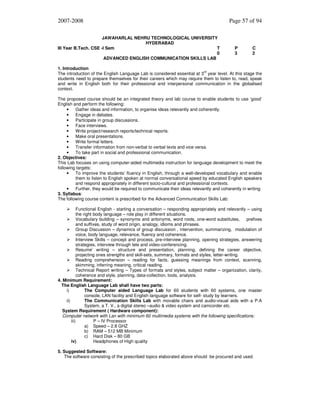 2007-2008
JAWAHARLAL NEHRU TECHNOLOGICAL UNIVERSITY
HYDERABAD
III Year B.Tech. CSE -I Sem
T
0
ADVANCED ENGLISH COMMUNICATION SKILLS LAB

Page 57 of 94

P
3

C
2

1. Introduction
rd
The introduction of the English Language Lab is considered essential at 3 year level. At this stage the
students need to prepare themselves for their careers which may require them to listen to, read, speak
and write in English both for their professional and interpersonal communication in the globalised
context.
The proposed course should be an integrated theory and lab course to enable students to use ‘good’
English and perform the following:
•
Gather ideas and information, to organise ideas relevantly and coherently.
•
Engage in debates.
•
Participate in group discussions.
•
Face interviews.
•
Write project/research reports/technical reports.
•
Make oral presentations.
•
Write formal letters.
•
Transfer information from non-verbal to verbal texts and vice versa.
•
To take part in social and professional communication.
2. Objectives:
This Lab focuses on using computer-aided multimedia instruction for language development to meet the
following targets:
•
To improve the students’ fluency in English, through a well-developed vocabulary and enable
them to listen to English spoken at normal conversational speed by educated English speakers
and respond appropriately in different socio-cultural and professional contexts.
•
Further, they would be required to communicate their ideas relevantly and coherently in writing.
3. Syllabus:
The following course content is prescribed for the Advanced Communication Skills Lab:
Functional English - starting a conversation – responding appropriately and relevantly – using
the right body language – role play in different situations.
Vocabulary building – synonyms and antonyms, word roots, one-word substitutes,
prefixes
and suffixes, study of word origin, analogy, idioms and phrases.
Group Discussion – dynamics of group discussion , intervention, summarizing, modulation of
voice, body language, relevance, fluency and coherence.
Interview Skills – concept and process, pre-interview planning, opening strategies, answering
strategies, interview through tele and video-conferencing.
Resume’ writing – structure and presentation, planning, defining the career objective,
projecting ones strengths and skill-sets, summary, formats and styles, letter-writing.
Reading comprehension – reading for facts, guessing meanings from context, scanning,
skimming, inferring meaning, critical reading.
Technical Report writing – Types of formats and styles, subject matter – organization, clarity,
coherence and style, planning, data-collection, tools, analysis.
4. Minimum Requirement:
The English Language Lab shall have two parts:
i)
The Computer aided Language Lab for 60 students with 60 systems, one master
console, LAN facility and English language software for self- study by learners.
ii)
The Communication Skills Lab with movable chairs and audio-visual aids with a P.A
System, a T. V., a digital stereo –audio & video system and camcorder etc.
System Requirement ( Hardware component):
Computer network with Lan with minimum 60 multimedia systems with the following specifications:
iii)
P – IV Processor
a) Speed – 2.8 GHZ
b) RAM – 512 MB Minimum
c) Hard Disk – 80 GB
iv)
Headphones of High quality
5. Suggested Software:
The software consisting of the prescribed topics elaborated above should be procured and used.

 