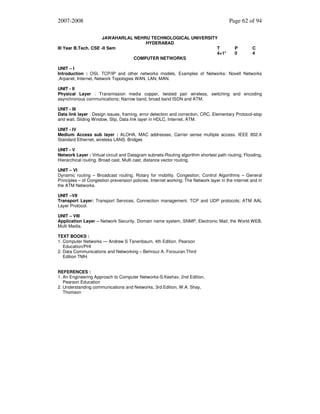 2007-2008
JAWAHARLAL NEHRU TECHNOLOGICAL UNIVERSITY
HYDERABAD
III Year B.Tech. CSE -II Sem
T
4+1*
COMPUTER NETWORKS

Page 62 of 94

P
0

C
4

UNIT – I
Introduction : OSI, TCP/IP and other networks models, Examples of Networks: Novell Networks
,Arpanet, Internet, Network Topologies WAN, LAN, MAN.
UNIT - II
Physical Layer : Transmission media copper, twisted pair wireless, switching and encoding
asynchronous communications; Narrow band, broad band ISDN and ATM.
UNIT - III
Data link layer : Design issues, framing, error detection and correction, CRC, Elementary Protocol-stop
and wait, Sliding Window, Slip, Data link layer in HDLC, Internet, ATM.
UNIT - IV
Medium Access sub layer : ALOHA, MAC addresses, Carrier sense multiple access. IEEE 802.X
Standard Ethernet, wireless LANS. Bridges
UNIT - V
Network Layer : Virtual circuit and Datagram subnets-Routing algorithm shortest path routing, Flooding,
Hierarchical routing, Broad cast, Multi cast, distance vector routing.
UNIT – VI
Dynamic routing – Broadcast routing. Rotary for mobility. Congestion, Control Algorithms – General
Principles – of Congestion prevension policies. Internet working: The Network layer in the internet and in
the ATM Networks.
UNIT –VII
Transport Layer: Transport Services, Connection management, TCP and UDP protocols; ATM AAL
Layer Protocol.
UNIT – VIII
Application Layer – Network Security, Domain name system, SNMP, Electronic Mail; the World WEB,
Multi Media.
TEXT BOOKS :
1. Computer Networks — Andrew S Tanenbaum, 4th Edition. Pearson
Education/PHI
2. Data Communications and Networking – Behrouz A. Forouzan.Third
Edition TMH.
REFERENCES :
1. An Engineering Approach to Computer Networks-S.Keshav, 2nd Edition,
Pearson Education
2. Understanding communications and Networks, 3rd Edition, W.A. Shay,
Thomson

 