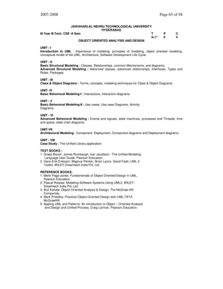 2007-2008
JAWAHARLAL NEHRU TECHNOLOGICAL UNIVERSITY
HYDERABAD
III Year B.Tech. CSE -II Sem
T
4+1*
OBJECT ORIENTED ANALYSIS AND DESIGN

Page 65 of 94

P
0

C
4

UNIT - I
Introduction to UML : Importance of modeling, principles of modeling, object oriented modeling,
conceptual model of the UML, Architecture, Software Development Life Cycle.
UNIT - II
Basic Structural Modeling : Classes, Relationships, common Mechanisms, and diagrams.
Advanced Structural Modeling : Advanced classes, advanced relationships, Interfaces, Types and
Roles, Packages.
UNIT - III
Class & Object Diagrams : Terms, concepts, modeling techniques for Class & Object Diagrams.
UNIT- IV
Basic Behavioral Modeling-I : Interactions, Interaction diagrams.
UNIT - V
Basic Behavioral Modeling-II : Use cases, Use case Diagrams, Activity
Diagrams.
UNIT - VI
Advanced Behavioral Modeling : Events and signals, state machines, processes and Threads, time
and space, state chart diagrams.
UNIT-VII
Architectural Modeling : Component, Deployment, Component diagrams and Deployment diagrams.
UNIT - VIII
Case Study : The Unified Library application.
TEXT BOOKS :
1. Grady Booch, James Rumbaugh, Ivar Jacobson : The Unified Modeling
Language User Guide, Pearson Education.
2. Hans-Erik Eriksson, Magnus Penker, Brian Lyons, David Fado: UML 2
Toolkit, WILEY-Dreamtech India Pvt. Ltd.
REFERENCE BOOKS:
1. Meilir Page-Jones: Fundamentals of Object Oriented Design in UML,
Pearson Education.
2. Pascal Roques: Modeling Software Systems Using UML2, WILEYDreamtech India Pvt. Ltd.
3. Atul Kahate: Object Oriented Analysis & Design, The McGraw-Hill
Companies.
4. Mark Priestley: Practical Object-Oriented Design with UML,TATA
McGrawHill
5. Appling UML and Patterns: An introduction to Object – Oriented Analysis
and Design and Unified Process, Craig Larman, Pearson Education.

 