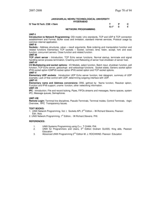 2007-2008

Page 70 of 94

JAWAHARLAL NEHRU TECHNOLOGICAL UNIVERSITY
HYDERABAD
IV Year B.Tech. CSE -I Sem
T
4+1*
NETWORK PROGRAMMING

P
0

C
4

UNIT-I
Introduction to Network Programming: OSI model, Unix standards, TCP and UDP & TCP connection
establishment and Format, Buffer sizes and limitation, standard internet services, Protocol usage by
common internet application.
UNIT-II
Sockets : Address structures, value – result arguments, Byte ordering and manipulation function and
related functions Elementary TCP sockets – Socket, connect, bind, listen, accept, fork and exec
function, concurrent servers. Close function and related function.
UNIT-III
TCP client server : Introduction, TCP Echo server functions, Normal startup, terminate and signal
handling server process termination, Crashing and Rebooting of server host shutdown of server host.
UNIT-IV
I/O Multiplexing and socket options: I/O Models, select function, Batch input, shutdown function, poll
function, TCP Echo server, getsockopt and setsockopt functions. Socket states, Generic socket option
IPV6 socket option ICMPV6 socket option IPV6 socket option and TCP socket options.
UNIT-V
Elementary UDP sockets: Introduction UDP Echo server function, lost datagram, summary of UDP
example, Lack of flow control with UDP, determining outgoing interface with UDP.
UNIT-VI
Elementary name and Address conversions: DNS, gethost by Name function, Resolver option,
Function and IPV6 support, uname function, other networking information.
UNIT-VII
IPC : Introduction, File and record locking, Pipes, FIFOs streams and messages, Name spaces, system
IPC, Message queues, Semaphores.
UNIT-VIII
Remote Login: Terminal line disciplines, Pseudo-Terminals, Terminal modes, Control Terminals, rlogin
Overview, RPC Transparency Issues.
TEXT BOOKS:
nd
1. UNIX Network Programming, Vol. I, Sockets API, 2 Edition. - W.Richard Stevens, Pearson
Edn. Asia.
2. UNIX Network Programming, 1st Edition, - W.Richard Stevens. PHI.
REFERENCES:
1.
2.
3.

UNIX Systems Programming using C++ T CHAN, PHI.
UNIX for Programmers and Users, 3rd Edition Graham GLASS, King abls, Pearson
Education
nd
Advanced UNIX Programming 2 Edition M. J. ROCHKIND, Pearson Education

 