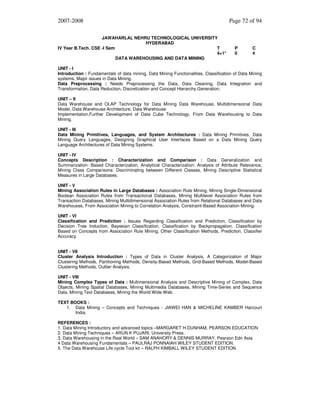 2007-2008
JAWAHARLAL NEHRU TECHNOLOGICAL UNIVERSITY
HYDERABAD
IV Year B.Tech. CSE -I Sem
T
4+1*
DATA WAREHOUSING AND DATA MINING

Page 72 of 94

P
0

C
4

UNIT - I
Introduction : Fundamentals of data mining, Data Mining Functionalities, Classification of Data Mining
systems, Major issues in Data Mining.
Data Preprocessing : Needs Preprocessing the Data, Data Cleaning, Data Integration and
Transformation, Data Reduction, Discretization and Concept Hierarchy Generation.
UNIT – II
Data Warehouse and OLAP Technology for Data Mining Data Warehouse, Multidimensional Data
Model, Data Warehouse Architecture, Data Warehouse
Implementation,Further Development of Data Cube Technology, From Data Warehousing to Data
Mining.
UNIT - III
Data Mining Primitives, Languages, and System Architectures : Data Mining Primitives, Data
Mining Query Languages, Designing Graphical User Interfaces Based on a Data Mining Query
Language Architectures of Data Mining Systems.
UNIT - IV
Concepts Description : Characterization and Comparison : Data Generalization and
Summarization- Based Characterization, Analytical Characterization: Analysis of Attribute Relevance,
Mining Class Comparisons: Discriminating between Different Classes, Mining Descriptive Statistical
Measures in Large Databases.
UNIT - V
Mining Association Rules in Large Databases : Association Rule Mining, Mining Single-Dimensional
Boolean Association Rules from Transactional Databases, Mining Multilevel Association Rules from
Transaction Databases, Mining Multidimensional Association Rules from Relational Databases and Data
Warehouses, From Association Mining to Correlation Analysis, Constraint-Based Association Mining.
UNIT - VI
Classification and Prediction : Issues Regarding Classification and Prediction, Classification by
Decision Tree Induction, Bayesian Classification, Classification by Backpropagation, Classification
Based on Concepts from Association Rule Mining, Other Classification Methods, Prediction, Classifier
Accuracy.
UNIT - VII
Cluster Analysis Introduction : Types of Data in Cluster Analysis, A Categorization of Major
Clustering Methods, Partitioning Methods, Density-Based Methods, Grid-Based Methods, Model-Based
Clustering Methods, Outlier Analysis.
UNIT - VIII
Mining Complex Types of Data : Multimensional Analysis and Descriptive Mining of Complex, Data
Objects, Mining Spatial Databases, Mining Multimedia Databases, Mining Time-Series and Sequence
Data, Mining Text Databases, Mining the World Wide Web.
TEXT BOOKS :
1. Data Mining – Concepts and Techniques - JIAWEI HAN & MICHELINE KAMBER Harcourt
India.
REFERENCES :
1. Data Mining Introductory and advanced topics –MARGARET H DUNHAM, PEARSON EDUCATION
2. Data Mining Techniques – ARUN K PUJARI, University Press.
3. Data Warehousing in the Real World – SAM ANAHORY & DENNIS MURRAY. Pearson Edn Asia.
4 Data Warehousing Fundamentals – PAULRAJ PONNAIAH WILEY STUDENT EDITION.
5. The Data Warehouse Life cycle Tool kit – RALPH KIMBALL WILEY STUDENT EDITION.

 