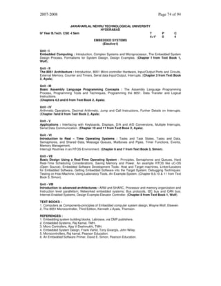 2007-2008
JAWAHARLAL NEHRU TECHNOLOGICAL UNIVERSITY
HYDERABAD
IV Year B.Tech. CSE -I Sem
T
4+1*
EMBEDDED SYSTEMS
(Elective-I)

Page 74 of 94

P
0

C
4

Unit - I
Embedded Computing : Introduction, Complex Systems and Microprocessor, The Embedded System
Design Process, Formalisms for System Design, Design Examples. (Chapter I from Text Book 1,
Wolf).
Unit - II
The 8051 Architecture : Introduction, 8051 Micro controller Hardware, Input/Output Ports and Circuits,
External Memory, Counter and Timers, Serial data Input/Output, Interrupts. (Chapter 3 from Text Book
2, Ayala).
Unit - III
Basic Assembly Language Programming Concepts : The Assembly Language Programming
Process, Programming Tools and Techniques, Programming the 8051. Data Transfer and Logical
Instructions.
(Chapters 4,5 and 6 from Text Book 2, Ayala).
Unit - IV
Arithmetic Operations, Decimal Arithmetic. Jump and Call Instructions, Further Details on Interrupts.
(Chapter 7and 8 from Text Book 2, Ayala)
Unit - V
Applications : Interfacing with Keyboards, Displays, D/A and A/D Conversions, Multiple Interrupts,
Serial Data Communication. (Chapter 10 and 11 from Text Book 2, Ayala).
Unit - VI
Introduction to Real – Time Operating Systems : Tasks and Task States, Tasks and Data,
Semaphores, and Shared Data; Message Queues, Mailboxes and Pipes, Timer Functions, Events,
Memory Management,
Interrupt Routines in an RTOS Environment. (Chapter 6 and 7 from Text Book 3, Simon).
Unit - VII
Basic Design Using a Real-Time Operating System : Principles, Semaphores and Queues, Hard
Real-Time Scheduling Considerations, Saving Memory and Power, An example RTOS like uC-OS
(Open Source); Embedded Software Development Tools: Host and Target machines, Linker/Locators
for Embedded Software, Getting Embedded Software into the Target System; Debugging Techniques:
Testing on Host Machine, Using Laboratory Tools, An Example System. (Chapter 8,9,10 & 11 from Text
Book 3, Simon).
Unit - VIII
Introduction to advanced architectures : ARM and SHARC, Processor and memory organization and
Instruction level parallelism; Networked embedded systems: Bus protocols, I2C bus and CAN bus;
Internet-Enabled Systems, Design Example-Elevator Controller. (Chapter 8 from Text Book 1, Wolf).
TEXT BOOKS :
1. Computers as Components-principles of Embedded computer system design, Wayne Wolf, Elseveir.
2. The 8051 Microcontroller, Third Edition, Kenneth J.Ayala, Thomson.
REFERENCES :
1. Embedding system building blocks, Labrosse, via CMP publishers.
2. Embedded Systems, Raj Kamal, TMH.
3. Micro Controllers, Ajay V Deshmukhi, TMH.
4. Embedded System Design, Frank Vahid, Tony Givargis, John Wiley.
5. Microcontrollers, Raj kamal, Pearson Education.
6. An Embedded Software Primer, David E. Simon, Pearson Education.

 