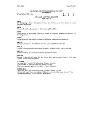 2007-2008
JAWAHARLAL NEHRU TECHNOLOGICAL UNIVERSITY
HYDERABAD
IV Year B.Tech. CSE -I Sem
T
4+1*
ADVANCED COMPUTING CONCEPTS
(ELECTIVE - II)

Page 78 of 94

P
0

C
4

UNIT I
Grid Computing : Data & Computational Grids, Grid Architectures and its relations to various
Distributed Technologies
UNIT II
Autonomic Computing, Examples of the Grid Computing Efforts (IBM).
UNIT III
Cluster setup & its Advantages, Performance Models & Simulations; Networking Protocols & I/O,
Messaging systems.
UNIT IV
Process scheduling, Load sharing and Balancing; Distributed shared memory, parallel I/O .
UNIT - V
Example cluster System - Beowlf; Cluster Operating systems: COMPaS and NanOS
UNIT - VI
Pervasive Computing concepts & Scenarios; Hardware & Software; Human - machine interface.
UNIT - VII
Device connectivity; Java for Pervasive devices; Application examples
UNIT - VIII
Classical Vs Quantum logic gates ;One ,two & three QUbit Quantum gates; Fredkin & Toffoli gates
;Quantum circuits; Quantum algorithms.
TEXT BOOK :
1. J. Joseph & C. Fellenstein:’ Grid Computing ‘, Pearson Education.
2. J.Burkhardt et .al :’Pervasive computing’ Pearson Education
3. Marivesar:’Approaching quantum computing ‘, Pearson Education.
REFERENCES :
1. Raj Kumar Buyya:’High performance cluster computing’, Pearson Education.
2. Neilsen & Chung L:’Quantum computing and Quantum Information’, Cambridge University Press.
3. A networking approach to Grid Computing , Minoli, Wiley.

 