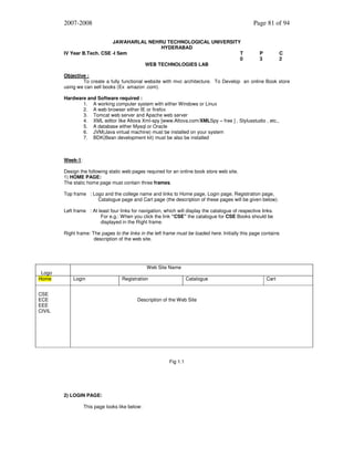 2007-2008

Page 81 of 94

JAWAHARLAL NEHRU TECHNOLOGICAL UNIVERSITY
HYDERABAD
IV Year B.Tech. CSE -I Sem
T
0
WEB TECHNOLOGIES LAB

P
3

C
2

Objective :
To create a fully functional website with mvc architecture. To Develop an online Book store
using we can sell books (Ex amazon .com).
Hardware and Software required :
1. A working computer system with either Windows or Linux
2. A web browser either IE or firefox
3. Tomcat web server and Apache web server
4. XML editor like Altova Xml-spy [www.Altova.com/XMLSpy – free ] , Stylusstudio , etc.,
5. A database either Mysql or Oracle
6. JVM(Java virtual machine) must be installed on your system
7. BDK(Bean development kit) must be also be installed

Week-1:
Design the following static web pages required for an online book store web site.
1) HOME PAGE:
The static home page must contain three frames.
Top frame : Logo and the college name and links to Home page, Login page, Registration page,
Catalogue page and Cart page (the description of these pages will be given below).
Left frame : At least four links for navigation, which will display the catalogue of respective links.
For e.g.: When you click the link “CSE” the catalogue for CSE Books should be
displayed in the Right frame.
Right frame: The pages to the links in the left frame must be loaded here. Initially this page contains
description of the web site.

Logo
Home

Web Site Name
Login

CSE
ECE
EEE
CIVIL

Registration

Catalogue

Description of the Web Site

Fig 1.1

2) LOGIN PAGE:
This page looks like below:

Cart

 