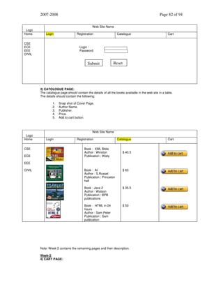 2007-2008

Logo
Home

Page 82 of 94
Web Site Name

Login

Registration

CSE
ECE
EEE
CIVIL

Catalogue

Cart

Login :
Password:

Submit

Reset

3) CATOLOGUE PAGE:
The catalogue page should contain the details of all the books available in the web site in a table.
The details should contain the following:
1.
2.
3.
4.
5.

Snap shot of Cover Page.
Author Name.
Publisher.
Price.
Add to cart button.

Web Site Name
Logo
Home

Login

CSE

Registration
Book : XML Bible
Author : Winston
Publication : Wiely

ECE

Catalogue

$ 40.5

EEE
Book : AI
Author : S.Russel
Publication : Princeton
hall

$ 63

Book : Java 2
Author : Watson
Publication : BPB
publications

$ 35.5

Book : HTML in 24
hours
Author : Sam Peter
Publication : Sam
publication

CIVIL

$ 50

Note: Week 2 contains the remaining pages and their description.
Week-2:
4) CART PAGE:

Cart

 