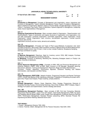 2007-2008

Page 87 of 94

JAWAHARLAL NEHRU TECHNOLOGICAL UNIVERSITY
HYDERABAD
IV Year B.Tech. CSE -II Sem
T
4+1*
MANAGEMENT SCIENCE

P
0

C
4

Unit - I
Introduction to Management: Concepts of Management and organization- nature, importance and
Functions of Management, Taylor’s Scientific Management Theory, Fayol’s Principles of Management,
Mayo’s Hawthorne Experiments, Maslow’s Theory of Human Needs, Douglas McGregor’s Theory X and
Theory Y, Herzberg’s Two-Factor Theory of Motivation, Systems Approach to Management, Leadership
Styles, Social responsibilities of Management.
Unit - II
Designing Organisational Structures : Basic concepts related to Organisation - Departmentation and
Decentralisation, Types of mechanistic and organic structures of organisation (Line organization, Line
and staff organization, functional organization, Committee organization, matrix organization, Virtual
Organisation, Cellular Organisation, team structure, boundaryless organization, inverted pyramid
structure, lean and flat
organization structure) and their merits, demerits and suitability.
Unit - III
Operations Management : Principles and Types of Plant Layout-Methods of production (Job, batch
and Mass Production), Work Study -Basic procedure involved in Method Study and Work MeasurementStatistical Quality Control: chart, R chart, c chart, p chart, (simple Problems), Acceptance Sampling,
Deming’s contribution to quality.
Unit - VI
a) Materials Management: Objectives, Need for Inventory control, EOQ, ABC Analysis, Purchase
Procedure, Stores Management and Stores Records.
b) Marketing: Functions of Marketing, Marketing Mix, Marketing Strategies based on Product Life
Cycle, Channels of distribution
Unit - V
Human Resources Management (HRM) : Concepts of HRM, HRD and Personnel Management and
Industrial Relations (PMIR), HRM vs.PMIR, Basic functions of HR Manager: Manpower planning,
Recruitment, Selection, Training and Development, Placement, Wage and Salary Administration,
Promotion, Transfer, Separation, Performance Appraisal, Grievance Handling and Welfare
Administration, Job Evaluation and Merit Rating.
Unit - VI
Project Management (PERT/CPM) : Network Analysis, Programme Evaluation and Review Technique
(PERT), Critical Path Method (CPM), Identifying critical path, Probability of Completing the project within
given time, Project Cost Analysis, Project Crashing. (simple problems)
Unit - VII
Strategic Management : Mission, Goals, Objectives, Policy, Strategy, Programmes, Elements of
Corporate Planning Process, Environmental Scanning, Value Chain Analysis, SWOT Analysis, Steps in
Strategy Formulation and Implementation, Generic Strategy alternatives.
Unit - VIII
Contemporary Management Practices : Basic concepts of MIS, End User Computing, Materials
Requirement Planning (MRP), Just-In-Time (JIT) System, Total Quality Management (TQM), Six sigma
and Capability Maturity Model (CMM) Levels, Supply Chain Management, Enterprise Resource Planning
(ERP), Performance Management, Business Process outsourcing (BPO), Business Process Reengineering and Bench Marking, Balanced Score Card.

TEXT BOOKS :
1. Aryasri : Management Science, TMH, 2004.
2. Stoner, Freeman, Gilbert, Management, 6th Ed, Pearson Education, New Delhi, 2004.

 