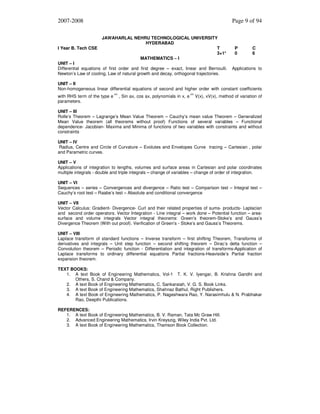 2007-2008

I Year B. Tech CSE

Page 9 of 94
JAWAHARLAL NEHRU TECHNOLOGICAL UNIVERSITY
HYDERABAD
T
3+1*
MATHEMATICS – I

UNIT – I
Differential equations of first order and first degree – exact, linear and Bernoulli.
Newton’s Law of cooling, Law of natural growth and decay, orthogonal trajectories.

P
0

C
6

Applications to

UNIT – II
Non-homogeneous linear differential equations of second and higher order with constant coefficients
with RHS term of the type e
parameters.

ax

, Sin ax, cos ax, polynomials in x, e

ax

V(x), xV(x), method of variation of

UNIT – III
Rolle’s Theorem – Lagrange’s Mean Value Theorem – Cauchy’s mean value Theorem – Generalized
Mean Value theorem (all theorems without proof) Functions of several variables – Functional
dependence- Jacobian- Maxima and Minima of functions of two variables with constraints and without
constraints
UNIT – IV
Radius, Centre and Circle of Curvature – Evolutes and Envelopes Curve tracing – Cartesian , polar
and Parametric curves.
UNIT – V
Applications of integration to lengths, volumes and surface areas in Cartesian and polar coordinates
multiple integrals - double and triple integrals – change of variables – change of order of integration.
UNIT – VI
Sequences – series – Convergences and divergence – Ratio test – Comparison test – Integral test –
Cauchy’s root test – Raabe’s test – Absolute and conditional convergence
UNIT – VII
Vector Calculus: Gradient- Divergence- Curl and their related properties of sums- products- Laplacian
and second order operators. Vector Integration - Line integral – work done – Potential function – areasurface and volume integrals Vector integral theorems: Green’s theorem-Stoke’s and Gauss’s
Divergence Theorem (With out proof). Verification of Green’s - Stoke’s and Gauss’s Theorems.
UNIT – VIII
Laplace transform of standard functions – Inverse transform – first shifting Theorem, Transforms of
derivatives and integrals – Unit step function – second shifting theorem – Dirac’s delta function –
Convolution theorem – Periodic function - Differentiation and integration of transforms-Application of
Laplace transforms to ordinary differential equations Partial fractions-Heaviside’s Partial fraction
expansion theorem.
TEXT BOOKS:
1. A text Book of Engineering Mathematics, Vol-1 T. K. V. Iyengar, B. Krishna Gandhi and
Others, S. Chand & Company.
2. A text Book of Engineering Mathematics, C. Sankaraiah, V. G. S. Book Links.
3. A text Book of Engineering Mathematics, Shahnaz Bathul, Right Publishers.
4. A text Book of Engineering Mathematics, P. Nageshwara Rao, Y. Narasimhulu & N. Prabhakar
Rao, Deepthi Publications.
REFERENCES:
1. A text Book of Engineering Mathematics, B. V. Raman, Tata Mc Graw Hill.
2. Advanced Engineering Mathematics, Irvin Kreyszig, Wiley India Pvt. Ltd.
3. A text Book of Engineering Mathematics, Thamson Book Collection.

 