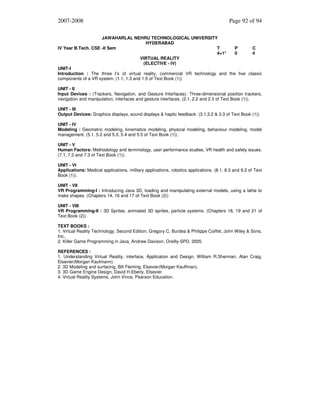 2007-2008

Page 92 of 94

JAWAHARLAL NEHRU TECHNOLOGICAL UNIVERSITY
HYDERABAD
IV Year B.Tech. CSE -II Sem
T
P
C
4+1*
0
4
VIRTUAL REALITY
(ELECTIVE - IV)
UNIT-I
Introduction : The three I’s of virtual reality, commercial VR technology and the five classic
components of a VR system. (1.1, 1.3 and 1.5 of Text Book (1))
UNIT - II
Input Devices : (Trackers, Navigation, and Gesture Interfaces): Three-dimensional position trackers,
navigation and manipulation, interfaces and gesture interfaces. (2.1, 2.2 and 2.3 of Text Book (1)).
UNIT - III
Output Devices: Graphics displays, sound displays & haptic feedback. (3.1,3.2 & 3.3 of Text Book (1))
UNIT - IV
Modeling : Geometric modeling, kinematics modeling, physical modeling, behaviour modeling, model
management. (5.1, 5.2 and 5.3, 5.4 and 5.5 of Text Book (1)).
UNIT - V
Human Factors: Methodology and terminology, user performance studies, VR health and safety issues.
(7.1, 7.2 and 7.3 of Text Book (1)).
UNIT - VI
Applications: Medical applications, military applications, robotics applications. (8.1, 8.3 and 9.2 of Text
Book (1)).
UNIT - VII
VR Programming-I : Introducing Java 3D, loading and manipulating external models, using a lathe to
make shapes. (Chapters 14, 16 and 17 of Text Book (2))
UNIT - VIII
VR Programming-II : 3D Sprites, animated 3D sprites, particle systems. (Chapters 18, 19 and 21 of
Text Book (2))
TEXT BOOKS :
1. Virtual Reality Technology, Second Edition, Gregory C. Burdea & Philippe Coiffet, John Wiley & Sons,
Inc.,
2. Killer Game Programming in Java, Andrew Davison, Oreilly-SPD, 2005.
REFERENCES :
1. Understanding Virtual Reality, interface, Application and Design, William R.Sherman, Alan Craig,
Elsevier(Morgan Kaufmann).
2. 3D Modeling and surfacing, Bill Fleming, Elsevier(Morgan Kauffman).
3. 3D Game Engine Design, David H.Eberly, Elsevier.
4. Virtual Reality Systems, John Vince, Pearson Education.

 