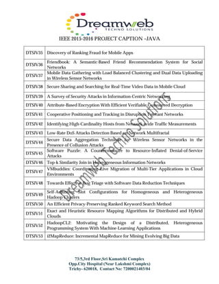 IEEE 2015-2016 PROJECT CAPTION –JAVA
73/5,3rd Floor,Sri Kamatchi Complex
Opp.City Hospital (Near Lakshmi Complex)
Trichy- 620018, Contact No: 7200021403/04
DTSJV35 Discovery of Ranking Fraud for Mobile Apps
DTSJV36
Friendbook: A Semantic-Based Friend Recommendation System for Social
Networks
DTSJV37
Mobile Data Gathering with Load Balanced Clustering and Dual Data Uploading
in Wireless Sensor Networks
DTSJV38 Secure Sharing and Searching for Real-Time Video Data in Mobile Cloud
DTSJV39 A Survey of Security Attacks in Information-Centric Networking
DTSJV40 Attribute-Based Encryption With Efficient Verifiable Outsourced Decryption
DTSJV41 Cooperative Positioning and Tracking in Disruption Tolerant Networks
DTSJV42 Identifying High-Cardinality Hosts from Network-wide Traffic Measurements
DTSJV43 Low-Rate DoS Attacks Detection Based on Network Multifractal
DTSJV44
Secure Data Aggregation Technique for Wireless Sensor Networks in the
Presence of Collusion Attacks
DTSJV45
Software Puzzle: A Countermeasure to Resource-Inflated Denial-of-Service
Attacks
DTSJV46 Top-k Similarity Join in Heterogeneous Information Networks
DTSJV47
VMbuddies: Coordinating Live Migration of Multi-Tier Applications in Cloud
Environments
DTSJV48 Towards Effective Bug Triage with Software Data Reduction Techniques
DTSJV49
Self-Adjusting Slot Configurations for Homogeneous and Heterogeneous
Hadoop Clusters
DTSJV50 An Efficient Privacy-Preserving Ranked Keyword Search Method
DTSJV51
Exact and Heuristic Resource Mapping Algorithms for Distributed and Hybrid
Clouds
DTSJV52
HadoopCL2: Motivating the Design of a Distributed, Heterogeneous
Programming System With Machine-Learning Applications
DTSJV53 i2MapReduce: Incremental MapReduce for Mining Evolving Big Data
 