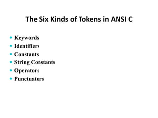 The Six Kinds of Tokens in ANSI C
 Keywords
 Identifiers
 Constants
 String Constants
 Operators
 Punctuators
 