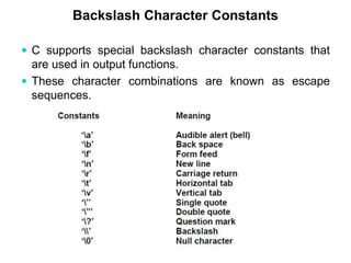 Backslash Character Constants
 C supports special backslash character constants that
are used in output functions.
 These character combinations are known as escape
sequences.
 