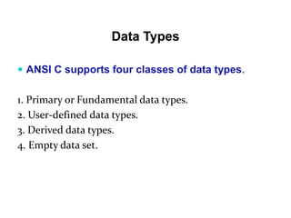 Data Types
 ANSI C supports four classes of data types.
1. Primary or Fundamental data types.
2. User-defined data types.
3. Derived data types.
4. Empty data set.
 