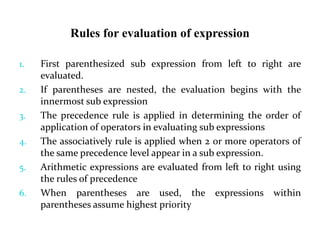 Rules for evaluation of expression
1. First parenthesized sub expression from left to right are
evaluated.
2. If parentheses are nested, the evaluation begins with the
innermost sub expression
3. The precedence rule is applied in determining the order of
application of operators in evaluating sub expressions
4. The associatively rule is applied when 2 or more operators of
the same precedence level appear in a sub expression.
5. Arithmetic expressions are evaluated from left to right using
the rules of precedence
6. When parentheses are used, the expressions within
parentheses assume highest priority
 