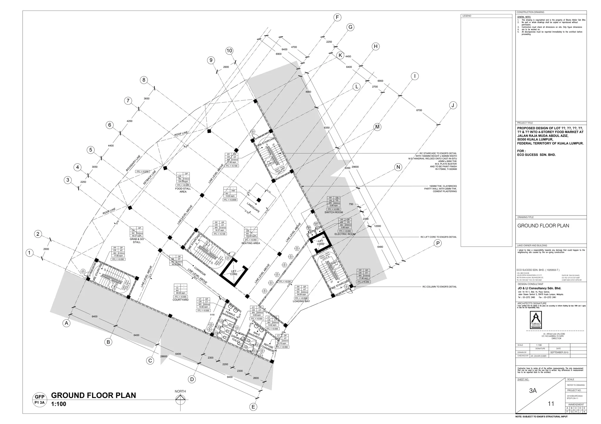 5150
D
01
D
07
D
07
D
07
D
07
D
07
COURTYARD
FIRESTAIRCASE1
FIRE
STAIRCASE
2
FIRE STAIRCASE
4
FIRE STAIRCASE
3
FFL = +0.000
-
CI
NV
-
-
69.05 sqm
LOADING BAY
FFL = +0.0000
PP
CR
NV
OP
HT
6300mm
54.64 sqm
FOOD STALL
AREA
FFL = +0.050
-
CR
NV
OP
-
124.00 sqm
SEATING AREA
FFL = +0.050
-
CR
NV
-
-
181.20 sqm
FEMALE
WASHROOM
MALEWASHROOM
REFUSECHAMBER
DISABLEDTOILET
LANDSCAPE
BO
UNDARY
LINE
SETBACK
LINE
FFL = +0.050
PP
CR
MV
OP
HT
6150mm
17.80 sqm
FFL = +0.100
PP
CR
MV
OP
HT
18.37 sqm
GRAB & GO
STALL
-
CR
NV
OP
-
59.27 sqm
FFL = +0.100
PP
CR
MV
OP
HT
17.80 sqm
FFL = +0.0000
-
-
NV
-
HW
13.63 sqm
CORRIDOR
FFL = +0.000
CT
CR
MV
OP
CT
2500mm
10.60 sqm
FFL = +0.000
CT
CR
MV
OP
CT
8.42 sqm
FFL = +0.050
CT
CR
NV
OP
HT
6.75 sqm
FFL = +0.000
CT
CR
MV
OP
CT
3.69 sqm
FFL = +0.030 FFL = +0.050
PP
CR
MV
OP
HT
17.80 sqm
PP
CR
MV
OP
VS
0.80 sqm
ELECTRIC ROOM
-
CR
NV
OP
HT
46.00 sqm
LINELEVELABOVE
RISER:175mm
TREAD:300mm
STEPS:36
RISER:175m
m
TREAD:300m
m
STEPS:36
RISER: 175mm
TREAD: 300mm
STEPS: 36
RISER: 175mm
TREAD: 300mm
STEPS: 36
FFL = +0.050
6150mm
6150mm
6150mm
6150mm
6150mm
2500mm
2500mm
3200mm
6150mm
2500mm
FFL = +0.000
D
01
D
01
D
01
FRD
02
W
01
W
01
W
01
W
01
W
01
W
01
W
02
W
02
W
02
W
02
A
B
C
D
E
1
2
3
4
5
6
7
8
9
10
F
G
K
H
I
L
J
M
N
P
2900
3650
4250
4400
3050
2250
2900
28600
6400
6400
6400
9400
2300
2200
2300
2600
4700
6400
6900
2250
4450
6900
6700
6400
29600
2700
4900
6350
6350
12000
750
2350
6480
LIFT
CORE
LIFT
CORE
RC STAIRCASE TO ENGR'S DETAIL
WITH 1000MM HEIGHT x 500MM WIDTH
M.S. HANDRAIL WELDED ONTO CAST-IN-SITU
40MM x 6MM THK
M.S. PLATE BUSTER
AND TO BE PAINT FINISH
R=175MM, T=300MM
RC LIFT CORE TO ENGR'S DETAIL
RC COLUMN TO ENGR'S DETAIL
150MM THK. CLAYBRICKS
PARTY WALL WITH 25MM THK.
CEMENT PLASTERING
PP
CR
MV
OP
VS
0.80 sqm
SWITCH ROOM
FFL = +0.050
2500mm
LINE
LEVEL
ABOVE
LINE
LEVEL
ABOVE
LINE
LEVEL
ABOVE
LINE
LEVEL
ABOVE
LINE
LEVEL
ABOVE
FRD
02
ROOF LINE
ROOF LINE
dp50
dp50
dp
50
dp 50
dp50
dp
50
dp
50
dp 50
dp 50
dp
150
dp
150
dp
150
dp
150
dp 50
dp
30
dp
20
dp50
dp50
dp50
dp50
dp50
dp50
dp50
dp50
dp50
dp 50
D
06
LAND OWNER AND BUILDING
DRAWN BY
CHECKED BY
SCALE
SIGNATURE DATE
ARCHITECT'S SIGNATURE
SHEET NO.
AMMENDMENT
DRAWING TITLE
JO & LI Consultancy Sdn. Bhd.
DESIGN CONSULTANT
A B C D
F G H J
E
K
AR. ZAHARI ZUBIR
I/C NO: 571212-07-5587
DATO IR. TAN EU KANG
TEL: 03-1323 2567 FAX: 03-1323 2568 CHIEF EXECUTIVE OFFICER
123, 3RD FLOOR,
JALAN SETIA NUSANTARA U11/17,
40170 SHAH ALAM, SELANGOR D.E.
ECO SUCESS SDN. BHD. ( 1020553-T )
PROPOSED DESIGN OF LOT ??, ??, ??, ??,
?? & ?? INTO 4-STOREY FOOD MARKET AT
JALAN RAJA MUDA ABDUL AZIZ,
50300 KUALA LUMPUR,
FEDERAL TERRITORY OF KUALA LUMPUR.
FOR :
ECO SUCESS SDN. BHD.
SEPTEMBER 2015
1:100
I/C NO:640806-10-5490
Ar. Alfred Lee (AL/238)
DIRECTOR
L E M B A G A
A R K I T E K
M A L A Y S I A
L E M B A G A
A R K I T E K
M A L A Y S I A
SCALE
REFER TO DRAWING
CONSTRUCTION DRAWING
PROJECT TITLE
PROJECT NO.
3A
11
2015/BA/ARC3524/
BT2/P1/3A-11
GROUND FLOOR PLAN
GROUND FLOOR PLAN
1:100
GFP
P1 3A
NORTH
NOTE: SUBJECT TO ENGR'S STRUCTURAL INPUT
LEGEND
 