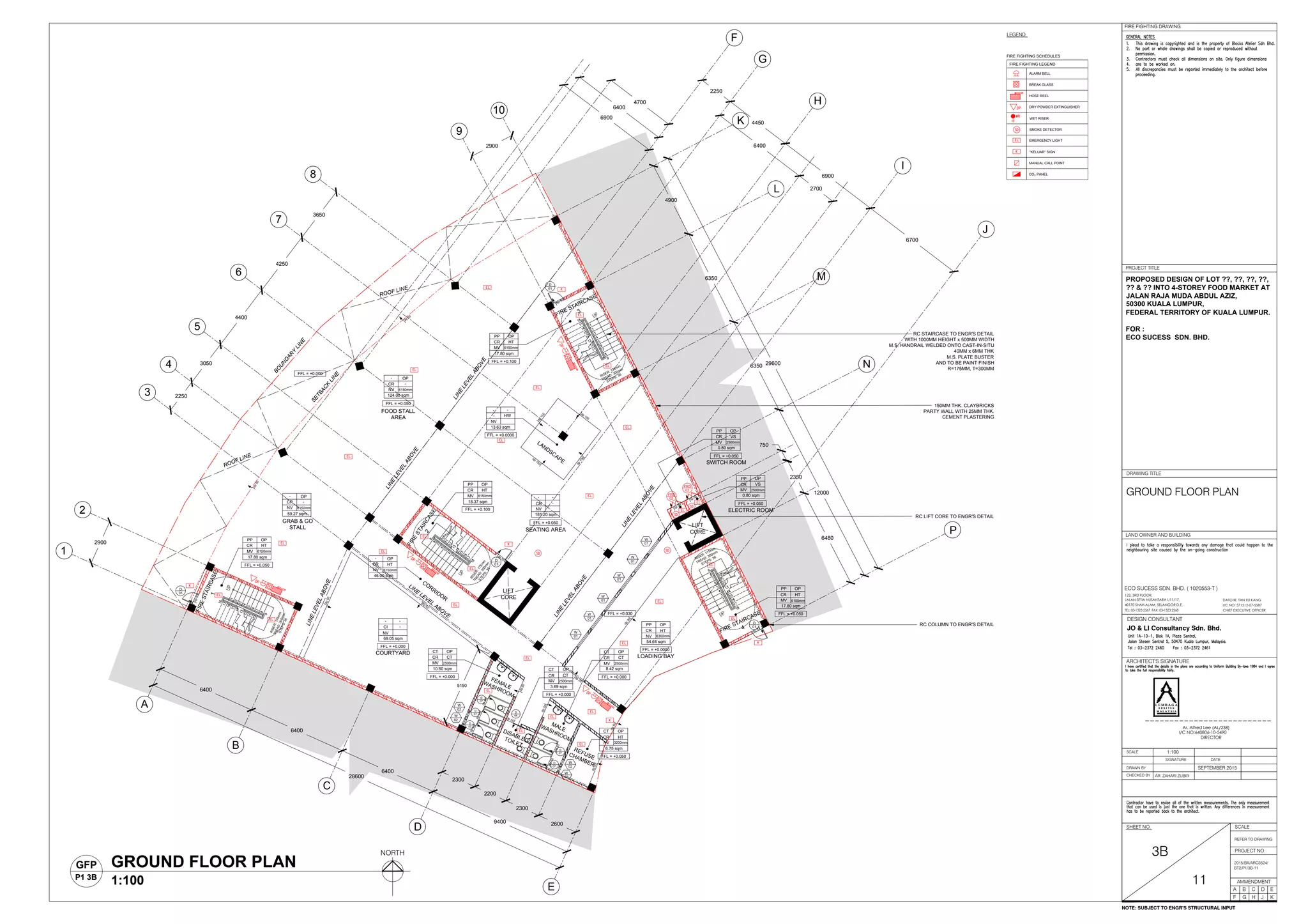 5150
D
01
D
07
D
07
D
07
D
07
D
07
COURTYARD
FIRESTAIRCASE1
FIRE
STAIRCASE
2
FIRE STAIRCASE
4
FIRE STAIRCASE
3
FFL = +0.000
-
CI
NV
-
-
69.05 sqm
LOADING BAY
FFL = +0.0000
PP
CR
NV
OP
HT
6300mm
54.64 sqm
FOOD STALL
AREA
FFL = +0.050
-
CR
NV
OP
-
124.00 sqm
SEATING AREA
FFL = +0.050
-
CR
NV
-
-
181.20 sqm
FEMALE
WASHROOM
MALEWASHROOM
REFUSECHAMBER
DISABLEDTOILET
LANDSCAPE
BO
UNDARY
LINE
SETBACK
LINE
FFL = +0.050
PP
CR
MV
OP
HT
6150mm
17.80 sqm
FFL = +0.100
PP
CR
MV
OP
HT
18.37 sqm
GRAB & GO
STALL
-
CR
NV
OP
-
59.27 sqm
FFL = +0.100
PP
CR
MV
OP
HT
17.80 sqm
FFL = +0.0000
-
-
NV
-
HW
13.63 sqm
CORRIDOR
FFL = +0.000
CT
CR
MV
OP
CT
2500mm
10.60 sqm
FFL = +0.000
CT
CR
MV
OP
CT
8.42 sqm
FFL = +0.050
CT
CR
NV
OP
HT
6.75 sqm
FFL = +0.000
CT
CR
MV
OP
CT
3.69 sqm
FFL = +0.030 FFL = +0.050
PP
CR
MV
OP
HT
17.80 sqm
PP
CR
MV
OP
VS
0.80 sqm
ELECTRIC ROOM
-
CR
NV
OP
HT
46.00 sqm
LINELEVELABOVE
RISER:175mm
TREAD:300mm
STEPS:36
RISER:175m
m
TREAD:300m
m
STEPS:36
RISER: 175mm
TREAD: 300mm
STEPS: 36
RISER: 175mm
TREAD: 300mm
STEPS: 36
FFL = +0.050
6150mm
6150mm
6150mm
6150mm
6150mm
2500mm
2500mm
3200mm
6150mm
2500mm
FFL = +0.000
D
01
D
01
D
01
FRD
02
W
01
W
01
W
01
W
01
W
01
W
01
W
02
W
02
W
02
W
02
A
B
C
D
E
1
2
3
4
5
6
7
8
9
10
F
G
K
H
I
L
J
M
N
P
2900
3650
4250
4400
3050
2250
2900
28600
6400
6400
6400
9400
2300
2200
2300
2600
4700
6400
6900
2250
4450
6900
6700
6400
29600
2700
4900
6350
6350
12000
750
2350
6480
LIFT
CORE
LIFT
CORE
RC STAIRCASE TO ENGR'S DETAIL
WITH 1000MM HEIGHT x 500MM WIDTH
M.S. HANDRAIL WELDED ONTO CAST-IN-SITU
40MM x 6MM THK
M.S. PLATE BUSTER
AND TO BE PAINT FINISH
R=175MM, T=300MM
RC LIFT CORE TO ENGR'S DETAIL
RC COLUMN TO ENGR'S DETAIL
150MM THK. CLAYBRICKS
PARTY WALL WITH 25MM THK.
CEMENT PLASTERING
PP
CR
MV
OP
VS
0.80 sqm
SWITCH ROOM
FFL = +0.050
2500mm
LINE
LEVEL
ABOVE
LINE
LEVEL
ABOVE
LINE
LEVEL
ABOVE
LINE
LEVEL
ABOVE
LINE
LEVEL
ABOVE
FRD
02
ROOF LINE
ROOF LINE
dp50
dp50
dp
50
dp 50
dp50
dp
50
dp
50
dp 50
dp 50
dp
150
dp
150
dp
150
dp
150
dp 50
dp
30
dp
20
dp50
dp50
dp50
dp50
dp50
dp50
dp50
dp50
dp50
dp 50
D
06
LAND OWNER AND BUILDING
DRAWN BY
CHECKED BY
SCALE
SIGNATURE DATE
ARCHITECT'S SIGNATURE
SHEET NO.
AMMENDMENT
DRAWING TITLE
JO & LI Consultancy Sdn. Bhd.
DESIGN CONSULTANT
A B C D
F G H J
E
K
AR. ZAHARI ZUBIR
I/C NO: 571212-07-5587
DATO IR. TAN EU KANG
TEL: 03-1323 2567 FAX: 03-1323 2568 CHIEF EXECUTIVE OFFICER
123, 3RD FLOOR,
JALAN SETIA NUSANTARA U11/17,
40170 SHAH ALAM, SELANGOR D.E.
ECO SUCESS SDN. BHD. ( 1020553-T )
PROPOSED DESIGN OF LOT ??, ??, ??, ??,
?? & ?? INTO 4-STOREY FOOD MARKET AT
JALAN RAJA MUDA ABDUL AZIZ,
50300 KUALA LUMPUR,
FEDERAL TERRITORY OF KUALA LUMPUR.
FOR :
ECO SUCESS SDN. BHD.
SEPTEMBER 2015
1:100
I/C NO:640806-10-5490
Ar. Alfred Lee (AL/238)
DIRECTOR
L E M B A G A
A R K I T E K
M A L A Y S I A
L E M B A G A
A R K I T E K
M A L A Y S I A
SCALE
REFER TO DRAWING
FIRE FIGHTING DRAWING
PROJECT TITLE
PROJECT NO.
3B
11
2015/BA/ARC3524/
BT2/P1/3B-11
GROUND FLOOR PLAN
GROUND FLOOR PLAN
1:100
GFP
P1 3B
NORTH
NOTE: SUBJECT TO ENGR'S STRUCTURAL INPUT
LEGEND
FIRE FIGHTING SCHEDULES
FIRE FIGHTING LEGEND
DRY POWDER EXTINGUISHER
HOSE REEL
ALARM BELL
WET RISER
SMOKE DETECTOR
BREAK GLASS
EMERGENCY LIGHT
"KELUAR" SIGN
MANUAL CALL POINT
CO₂ PANEL
 
