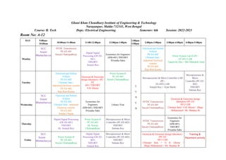 Ghani Khan Choudhury Institute of Engineering & Technology
Narayanpur, Malda-732141, West Bengal
Course: B. Tech Dept.: Electrical Engineering Semester: 6th Session: 2022-2023
Room No: A-12
DAY 9:00am-
10:00am 10:00am-11:00am 11:00-12:00pm 12:00pm-1:00pm
1:00pm-
2:00pm 2:00pm-3:00pm 3:00pm-4:00pm 4:00pm-5:00pm
Monday
NCC
Soumi
Bhattacharyya
HVDC Transmission
PE-EE-601
Surojit Chattopadhyay
Digital Signal
Processing (OE-EE-
601)
THEORY
Amarjit Roy
Economics for Engineers
(HM-601) THEORY
Priyanka Sahu
L
U
N
C
H
Electrical and Hybrid
Vehicle
PE-EE-602
Chiranjit Sain /
Industrial Electrical
systems
PE-EE-602
Raja Ram Kumar
Power System Lab-II (PC-
EE 691) LAB
Tapash Kr Das + Md. Mehabub Alam
Tuesday
Electrical and Hybrid
Vehicle
PE-EE-602
Chiranjit Sain /
Industrial Electrical systems
PE-EE-602
Raja Ram Kumar
Electrical & Electronic
design laboratory- (PC-
EE
681) THEORY
G K Ghorai
Power System-II
PC-EE-601
Surojit Chattopadhyay
Microprocessor & Micro Controller LAB
(PC-
EE-692) LAB
Amarjit Roy + Ayan Banik
Microprocessor &
Micro
Controller (PC-EE-
602)
THEORY
Subrata Roy
Wednesday
NCC
Soumi
Bhattacharyya
Electrical and Hybrid
Vehicle
PE-EE-602
Chiranjit Sain / Industrial
Electrical systems
PE-EE-602
Sandip Chanda
Economics for
Engineers
(HM-601) THEORY
Priyanka Sahu
Library Visit
HVDC Transmission
PE-EE-601
Surojit Chattopadhyay
Electrical & Electronic design
laboratory-(PC-EE
681) LAB
Chiranjit Sain+ G K Ghorai+ Dhaju
Mohammod+ Mr. Shankar M
Thursday
Digital Signal Processing
(OE-EE-601)
THEORY
Dr. Amarjit Roy
Power System-II
PC-EE-601
Dr. Surojit
Chottopadhyay
Microprocessor & Micro
Controller (PC-EE-602)
THEORY
Subrata Roy
HVDC Transmission
PE-EE-601
Surojit Chattopadhyay
Economics for
Engineers
(HM-601)
THEORY
Priyanka Sahu
Friday
NCC
Soumi
Bhattacharyya
Power System-II
PC-EE-601
Surojit Chattopadhyay
Digital Signal
Processing (OE-EE-
601)
THEORY
Amarjit Roy
Microprocessor & Micro
Controller (PC-EE-602)
THEORY
Subrata Roy
Electrical & Electronic design laboratory-
(PC-EE
681) LAB
Chiranjit Sain + G K Ghorai +
Dhaju Mohammod + Mr. Shankar M
Training &
Placement activity
 