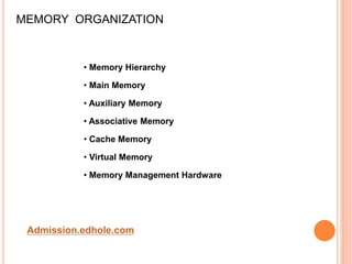 MEMORY ORGANIZATION 
• Memory Hierarchy 
• Main Memory 
• Auxiliary Memory 
• Associative Memory 
• Cache Memory 
• Virtual Memory 
• Memory Management Hardware 
Admission.edhole.com 
 