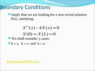 Boundary Conditions 
Imply that we are looking for a non-trivial solution 
X(x), satisfying: 
X x kX x 
- = 
''( ) ( ) 0 
X X L 
= = 
(0) ( ) 0 
We shall consider 3 cases: 
k = 0, k > 0 and k < 0. 
admission.edhole.com 
 