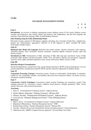 CS-402
DATABASE MANAGEMENT SYSTEM
L T P
3 1 0
Unit- I
Introduction: An overview of database management system, database system Vs file system, Database system
concepts and architecture, data models schema and instances, data independence and data base language and
interfaces, Data definitions language, DML, Overall Database Structure.
Data Modeling using the Entity Relationship Model:
ER model concepts, notation for ER diagram, mapping constraints, keys, Concepts of Super Key, candidate key,
primary key, Generalization, aggregation, reduction of an ER diagrams to tables, extended ER model,
relationships of higher degree.
Unit- II
Relational data Model and Language: Relational data model concepts, integrity constraints: entity integrity,
referential integrity, Keys constraints, Domain constraints, relational algebra, relational calculus, tuple and
domain calculus,
Introduction to SQL: Characteristics of SQL. Advantage of SQL. SQL data types and literals. Types of SQL
commands. SQL operators and their procedure. Tables, views and indexes. Queries and sub queries. Aggregate
functions. Insert, update and delete operations. Joins, Unions, Intersection, Minus, Cursors in SQL.
Unit- III
Data Base Design & Normalization:
Functional dependencies, normal forms, first, second, third normal forms, BCNF, inclusion dependences, loss less
join decompositions, normalization using FD, MVD, and JDs, alternative approaches to database design.
Unit- IV
Transaction Processing Concepts: Transaction system, Testing of serializability, Serializability of schedules,
conflict & view serializable schedule, recoverability, Recovery from transaction failures, log based recovery,
checkpoints, deadlock handling.
Unit- V
Concurrency Control Techniques: Concurrency control, locking Techniques for concurrency control, Time
stamping protocols for concurrency control, validation based protocol, multiple granularity, Multi version
schemes, Recovery with concurrent transaction.
Text Books
1 Date C J, “An Introduction To Database System”, Addision Wesley
2 Korth, Silbertz, Sudarshan, “Database Concepts”, McGraw Hill
3 Elmasri, Navathe, “Fundamentals Of Database Systems”, Addision Wesley
4 Leon & Leon, “Database Management System”, Vikas Publishing House.
References
1 Bipin C. Desai, “An introduction to Database Systems”, Galgotia Publication
2 Majumdar & Bhattacharya, “Database Management System”, TMH
3 Ramakrishnan, Gehrke, “Database Management System”, McGraw Hill
4. Kroenke, “Database Processing: Fundamentals, Design and Implementation”, Pearson Education.
5. Maheshwari Jain, “DBMS: Complete Practical Approach”, Firewall Media, New Delhi.
 