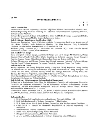 CS-404
SOFTWARE ENGINEERING
L T P
3 1 0
Unit-I: Introduction
Introduction to Software Engineering, Software Components, Software Characteristics, Software Crisis,
Software Engineering Processes, Similarity and Differences from Conventional Engineering Processes,
Software Quality Attributes.
Software Development Life Cycle (SDLC) Models: Water Fall Model, Prototype Model, Spiral Model,
Evolutionary Development Models, Iterative Enhancement Models.
Unit-II: Software Requirement Specifications (SRS)
Requirement Engineering Process: Elicitation, Analysis, Documentation, Review and Management of
User Needs, Feasibility Study, Information Modeling, Data Flow Diagrams, Entity Relationship
Diagrams, Decision Tables, SRS Document, IEEE Standards for SRS.
Software Quality Assurance (SQA): Verification and Validation, SQA Plans, Software Quality
Frameworks, ISO 9000 Models, SEI-CMM Model.
Unit-III: Software Design
Basic Concept of Software Design, Architectural Design, Low Level Design: Modularization, Design
Structure Charts, Pseudo Codes, Flow Charts, Coupling and Cohesion Measures, Design Strategies:
Function Oriented Design, Object Oriented Design, Top-Down and Bottom-Up Design.
Software Measurement and Metrics: Various Size Oriented Measures: Halestead’s Software Science,
Function Point (FP) Based Measures, Cyclomatic Complexity Measures: Control Flow Graphs.
Unit-IV: Software Testing
Testing Objectives, Unit Testing, Integration Testing, Acceptance Testing, Regression Testing, Testing
for Functionality and Testing for Performance, Top-Down and Bottom-Up Testing Strategies: Test
Drivers and Test Stubs, Structural Testing (White Box Testing), Functional Testing (Black Box
Testing), Test Data Suit Preparation, Alpha and Beta Testing of Products.
Static Testing Strategies: Formal Technical Reviews (Peer Reviews), Walk Through, Code Inspection,
Compliance with Design and Coding Standards.
Unit-V: Software Maintenance and Software Project Management
Software as an Evolutionary Entity, Need for Maintenance, Categories of Maintenance: Preventive,
Corrective and Perfective Maintenance, Cost of Maintenance, Software Re-Engineering, Reverse
Engineering. Software Configuration Management Activities, Change Control Process, Software
Version Control, An Overview of CASE Tools.
Estimation of Various Parameters such as Cost, Efforts, Schedule/Duration, Constructive Cost Models
(COCOMO), Resource Allocation Models, Software Risk Analysis and Management.
Reference Books:
1. R. S. Pressman, Software Engineering: A Practitioners Approach, McGraw Hill.
2. Rajib Mall, Fundamentals of Software Engineering, PHI Publication.
3. K. K. Aggarwal and Yogesh Singh, Software Engineering, New Age International Publishers.
4. Carlo Ghezzi, M. Jarayeri, D. Manodrioli, Fundamentals of Software Engineering, PHI
Publication.
5. Ian Sommerville, Software Engineering, Addison Wesley.
6. Pankaj Jalote, Software Engineering, Narosa Publication
7. Pfleeger, Software Engineering, Macmillan Publication.
8. A. Leon and M. Leon, Fundamentals of Software Engineering, Vikas Publication.
 