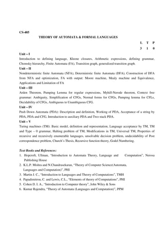 CS-405
THEORY OF AUTOMATA & FORMAL LANGUAGES
L T P
3 1 0
Unit – I
Introduction to defining language, Kleene closures, Arithmetic expressions, defining grammar,
Chomsky hierarchy, Finite Automata (FA), Transition graph, generalized transition graph.
Unit – II
Nondeterministic finite Automata (NFA), Deterministic finite Automata (DFA), Construction of DFA
from NFA and optimization, FA with output: Moore machine, Mealy machine and Equivalence,
Applications and Limitation of FA
Unit – III
Arden Theorem, Pumping Lemma for regular expressions, Myhill-Nerode theorem, Context free
grammar: Ambiguity, Simplification of CFGs, Normal forms for CFGs, Pumping lemma for CFLs,
Decidability of CFGs, Ambiguous to Unambiguous CFG.
Unit – IV
Push Down Automata (PDA): Description and definition, Working of PDA, Acceptance of a string by
PDA, PDA and CFG, Introduction to auxiliary PDA and Two stack PDA.
Unit – V
Turing machines (TM): Basic model, definition and representation, Language acceptance by TM, TM
and Type – 0 grammar, Halting problem of TM, Modifications in TM, Universal TM, Properties of
recursive and recursively enumerable languages, unsolvable decision problem, undecidability of Post
correspondence problem, Church’s Thesis, Recursive function theory, Godel Numbering.
Text Books and References:
1. Hopcroft, Ullman, “Introduction to Automata Theory, Language and Computation”, Nerosa
Publishing House
2. K.L.P. Mishra and N.Chandrasekaran, “Theory of Computer Science(Automata,
Languages and Computation)”, PHI
3. Martin J. C., “Introduction to Languages and Theory of Computations”, TMH
4. Papadimitrou, C. and Lewis, C.L., “Elements of theory of Computations”, PHI
5. Cohen D. I. A., “Introduction to Computer theory”, John Wiley & Sons
6. Kumar Rajendra, “Theory of Automata (Languages and Computation)”, PPM
 