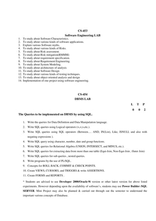 CS-453
Software Engineering LAB
1. To study about Software Characteristics.
2. To study about various kinds of software applications.
3. Explain various Software myths.
4. To study about various kinds of Risks.
5. To study about Risk assessment.
6. To study about Risk mitigation(RMMM)
7. To study about requirement specification.
8. To study about Requirement Engineering.
9. To study about System Modeling.
10. To study about architecture of analysis
11. To study about Software Design
12. To study about various kinds of testing techniques.
13. To study about object oriented analysis and design
14. Implementation of one project using software engineering.
CS-454
DBMS LAB
L T P
0 0 2
The Queries to be implemented on DBMS by using SQL.
1. Write the queries for Data Definition and Data Manipulation language.
2. Write SQL queries using Logical operators (=,<,>,etc.).
3. Write SQL queries using SQL operators (Between…. AND, IN(List), Like, ISNULL and also with
negating expressions ).
4. Write SQL query using character, number, date and group functions.
5. Write SQL queries for Relational Algebra (UNION, INTERSECT, and MINUS, etc.).
6. Write SQL queries for extracting data from more than one table (Equi-Join, Non-Equi-Join , Outer Join)
7. Write SQL queries for sub queries , nested queries.
8. Write programs by the use of PL/SQL.
9. Concepts for ROLL BACK, COMMIT & CHECK POINTS.
10. Create VIEWS, CURSORS, and TRIGGRS & write ASSERTIONS.
11. Create FORMS and REPORTS .
* Students are advised to use Developer 2000/Oracle-9i version or other latest version for above listed
experiments. However depending upon the availability of software’s, students may use Power Builder /SQL
SERVER. Mini Project may also be planned & carried out through out the semester to understand the
important various concepts of Database.
 