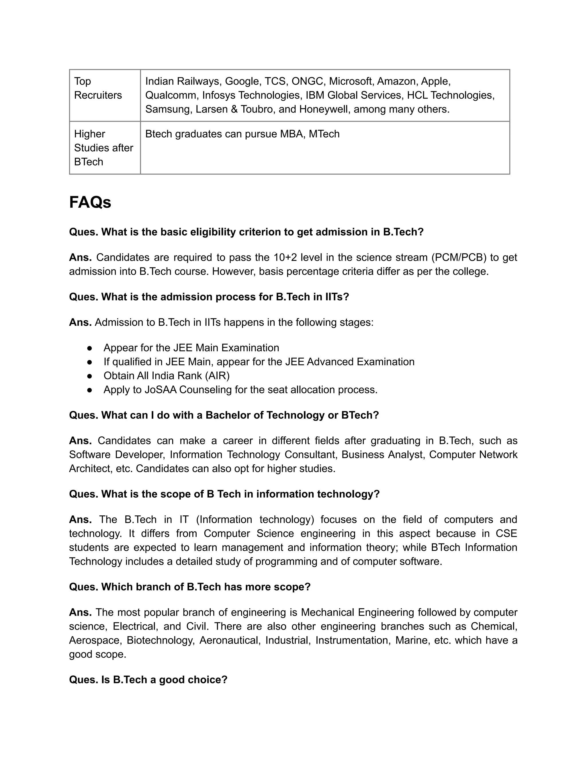 Top
Recruiters
Indian Railways, Google, TCS, ONGC, Microsoft, Amazon, Apple,
Qualcomm, Infosys Technologies, IBM Global Services, HCL Technologies,
Samsung, Larsen & Toubro, and Honeywell, among many others.
Higher
Studies after
BTech
Btech graduates can pursue MBA, MTech
FAQs
Ques. What is the basic eligibility criterion to get admission in B.Tech?
Ans. Candidates are required to pass the 10+2 level in the science stream (PCM/PCB) to get
admission into B.Tech course. However, basis percentage criteria differ as per the college.
Ques. What is the admission process for B.Tech in IITs?
Ans. Admission to B.Tech in IITs happens in the following stages:
● Appear for the JEE Main Examination
● If qualified in JEE Main, appear for the JEE Advanced Examination
● Obtain All India Rank (AIR)
● Apply to JoSAA Counseling for the seat allocation process.
Ques. What can I do with a Bachelor of Technology or BTech?
Ans. Candidates can make a career in different fields after graduating in B.Tech, such as
Software Developer, Information Technology Consultant, Business Analyst, Computer Network
Architect, etc. Candidates can also opt for higher studies.
Ques. What is the scope of B Tech in information technology?
Ans. The B.Tech in IT (Information technology) focuses on the field of computers and
technology. It differs from Computer Science engineering in this aspect because in CSE
students are expected to learn management and information theory; while BTech Information
Technology includes a detailed study of programming and of computer software.
Ques. Which branch of B.Tech has more scope?
Ans. The most popular branch of engineering is Mechanical Engineering followed by computer
science, Electrical, and Civil. There are also other engineering branches such as Chemical,
Aerospace, Biotechnology, Aeronautical, Industrial, Instrumentation, Marine, etc. which have a
good scope.
Ques. Is B.Tech a good choice?
 