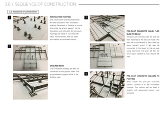 3.0 / SEQUENCE OF CONSTRUCTION
3.2 Sequence of Construction
1
2
3FOUNDATION FOOTING
The construction process starts with
the site excavation then foundation
making. Placement of footings is crucial
to provide the proper support for the
foundation and ultimately the structure.
Footings are made of concrete with
rebar reinforcement that has been
poured into an excavated trench.
GROUND BEAM
The foundation footings will then be
connected to the ground beam. The
ground beams support most of the
building load.
PRE-CAST CONCRETE SOLID FLAT
SLAB TO BEAM
The pre-cast concrete solid ﬂat slab will
then delivered to the site and install. The
slab will be connected to each other by
using cement grout. It will also be
connected to the beam to the key way
using steel bars. The joint will then be
once again curated to fully secure the
joint.
4
PRE-CAST CONCRETE COLUMN TO
FOOTING
Next, install the pre-cast concrete
column, connect it to the foundation
footings. The column will be ﬁxed in
position with galvanised washer, nuts
and bolts
 