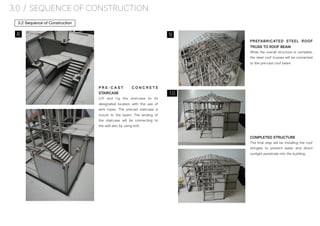 PREFABRICATED STEEL ROOF
TRUSS TO ROOF BEAM
While the overall structure is complete,
the steel roof trusses will be connected
to the pre-cast roof beam.
3.0 / SEQUENCE OF CONSTRUCTION
3.2 Sequence of Construction
8
P R E - C A S T C O N C R E T E
STAIRCASE
Lift and rig the staircase to its
designated location with the use of
wire ropes. The precast staircase is
mount to the beam. The landing of
the staircase will be connecting to
the wall also by using bolt.
9
10
COMPLETED STRUCTURE
The ﬁnal step will be installing the roof
shingles to prevent water and direct
sunlight penetrate into the building.
 