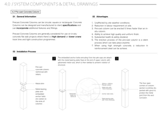 4.0 / SYSTEM COMPONENTS & DETAIL DRAWINGS
4.2 Pre-cast Concrete Column
Precast Concrete Columns can be circular, square or rectangular. Concrete
Columns can be designed and manufactured to client speciﬁcations and
can incorporate additional features and ﬁttings.
Precast Concrete Columns are generally considered for use on in-situ
concrete ﬂat slab projects where there s a high demand on tower crane
hook time and tight construction programmes.
01 General Information 02 Advantages
1. Unaﬀected by site weather conditions.
2. Reduction in labour requirement on site.
3. Pre-cast column can be erected 5 times faster than an in-
situ column.
4. Ability to achieve high quality and uniform ﬁnish.
5. Substantial health & safety dividend.
6. The erection process of the pre-cast column is a silent
process which can take place anytime.
7. When using high strength concrete, a reduction in
reinforcement steel can be achieve.
03 Installation Process
Pre-cast
concrete column
reinforced with
rebars
Metal shim
Metal bearing
plate and
embedded
anchor bolts
are casted on
the ends of
columns
1 2
The embedded anchor bolts extruding from the pile caps are attach
with the metal bearing plate ﬁxed at the end of upper column with
galvanised metal nuts, which is then welded to prevent rotation of
structure.
3
The four open
corners of column
section is entirely dry
packed with grout to
protect the metal
joint from ﬁre and
corrosion.
300mm x 300mm
Precast column
Metal shim with
15mm thickness
Anchor rebar boltsGalvanised
metal nut
20mm
Metal bearing plate
with 15mm thickness
 