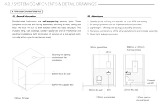4.0 / SYSTEM COMPONENTS & DETAIL DRAWINGS
4.7 Pre-cast Concrete Toilet Pod
50mm thick dry wall
50mm thick glazed tiles
100mm RC slab
Opening for lighting
and exhaust fan
installation
Prefabricated bathrooms are self-supporting sanitary pods. These
complete structures are factory assembled, including all walls, ceiling and
ﬂoor. The ﬁnal ﬁt out is then installed within the basic structure. This
includes tiling, wall, coatings, sanitary appliances and all mechanical and
electrical installations (with termination of services at a pre-agreed point,
normally within a pre-formed service area).
01 General Information
1. Speeds up the building process with up to an 80% time saving.
2. All design guidelines can be implemented and controlled.
3. Lightweight ‒ oﬀering cost savings on building structure.
4. Numerous combinations of the structural elements and modular assembly.
5. Watertight, leakage resistance.
02 Advantages
150mm cast in-
situ wall panel
50mm dry wall
Mirror
Sink
50mm glazed tiles
Embedd
ed WC
100mm RC slab
150mm precast slab
600mm x 1200mm
Awning window
 
