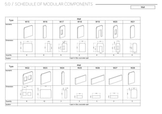 Type
Wall
W15 W16 W17
Dimension
Isometric
Quantity
W18 W19 W20 W21
Type
Wall
W22 W23 W24
Dimension
Isometric
Quantity
W25 W26 W27 W28
6 6 6 6 6 6 6
6 12 3 3 3 3 3
2900300
3150
3200
825
2900
1200
2900
1550 2050
3200
900
2900
2050
2900
1200300
600
1100
3200
2900
1400
2900
1200
3750 3750
2900300
3200
300
450
1000
2275 3225 3150
1000
1000
3200
300
2850
600
2100
System
System
Pre-cast Concrete Wall
Pre-cast Concrete Wall
Wall
5.0 / SCHEDULE OF MODULAR COMPONENTS
Cast In-Situ concrete wall
Cast In-Situ concrete wall
 