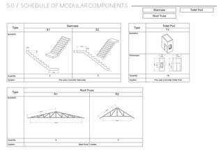 Type
Staircase
S1 S2
Isometric
Quantity 2 2
Type
R1
Isometric
Quantity
Roof Truss
R2
6 3
Type
T1
Isometric
Quantity
Toilet Pod
Dimension
18
1200
225
175
175
1200
225
3200
1400 2050
900600
3200
11000 5000
6900
19500
1200
2100
System
System
SystemPre-cast Concrete Staircase
Steel Roof Trusses
Pre-cast Concrete Toilet Pod
Staircase Toilet Pod
Roof Truss
5.0 / SCHEDULE OF MODULAR COMPONENTS
 