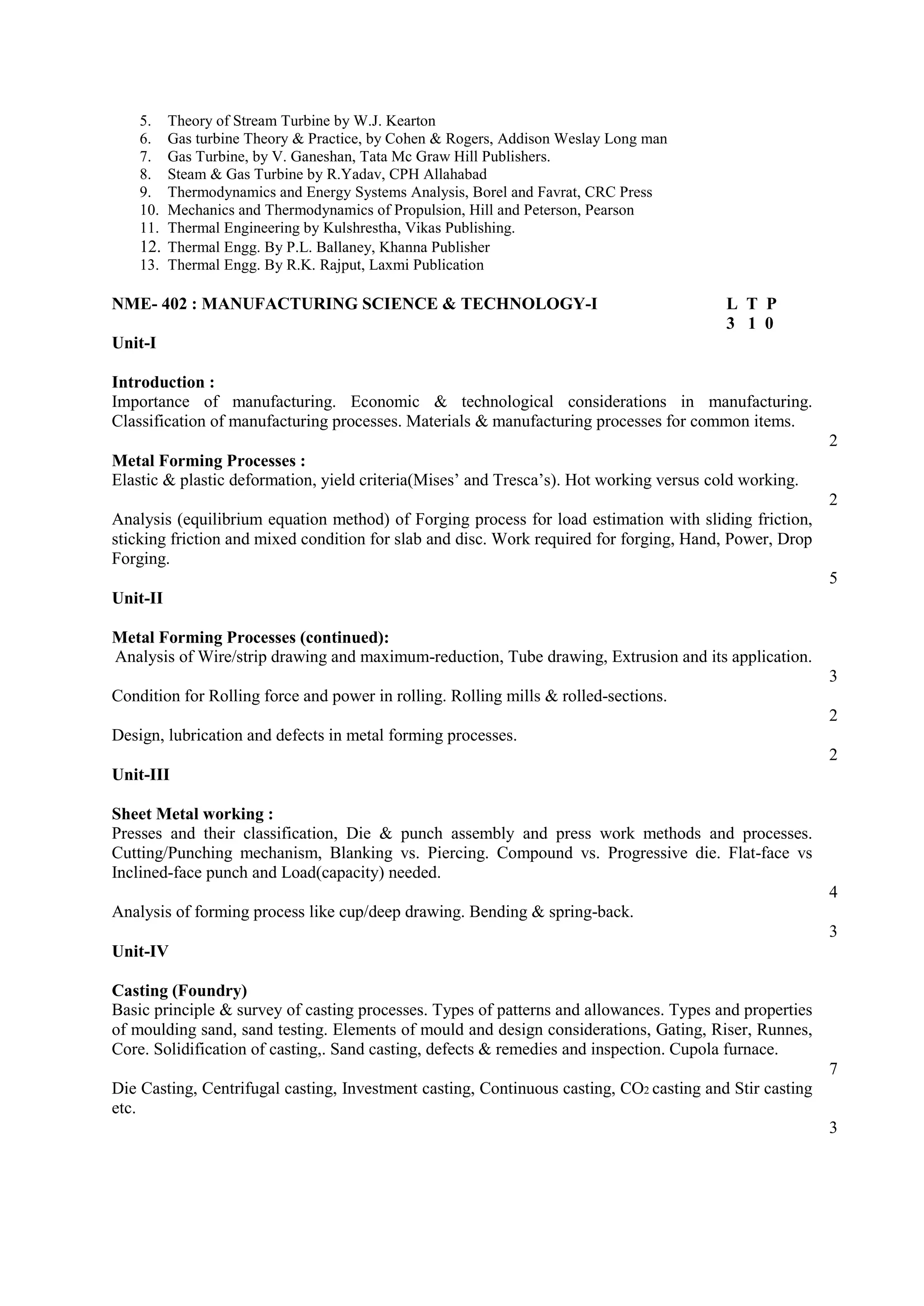 5. Theory of Stream Turbine by W.J. Kearton
6. Gas turbine Theory & Practice, by Cohen & Rogers, Addison Weslay Long man
7. Gas Turbine, by V. Ganeshan, Tata Mc Graw Hill Publishers.
8. Steam & Gas Turbine by R.Yadav, CPH Allahabad
9. Thermodynamics and Energy Systems Analysis, Borel and Favrat, CRC Press
10. Mechanics and Thermodynamics of Propulsion, Hill and Peterson, Pearson
11. Thermal Engineering by Kulshrestha, Vikas Publishing.
12. Thermal Engg. By P.L. Ballaney, Khanna Publisher
13. Thermal Engg. By R.K. Rajput, Laxmi Publication
NME- 402 : MANUFACTURING SCIENCE & TECHNOLOGY-I L T P
3 1 0
Unit-I
Introduction :
Importance of manufacturing. Economic & technological considerations in manufacturing.
Classification of manufacturing processes. Materials & manufacturing processes for common items.
2
Metal Forming Processes :
Elastic & plastic deformation, yield criteria(Mises’ and Tresca’s). Hot working versus cold working.
2
Analysis (equilibrium equation method) of Forging process for load estimation with sliding friction,
sticking friction and mixed condition for slab and disc. Work required for forging, Hand, Power, Drop
Forging.
5
Unit-II
Metal Forming Processes (continued):
Analysis of Wire/strip drawing and maximum-reduction, Tube drawing, Extrusion and its application.
3
Condition for Rolling force and power in rolling. Rolling mills & rolled-sections.
2
Design, lubrication and defects in metal forming processes.
2
Unit-III
Sheet Metal working :
Presses and their classification, Die & punch assembly and press work methods and processes.
Cutting/Punching mechanism, Blanking vs. Piercing. Compound vs. Progressive die. Flat-face vs
Inclined-face punch and Load(capacity) needed.
4
Analysis of forming process like cup/deep drawing. Bending & spring-back.
3
Unit-IV
Casting (Foundry)
Basic principle & survey of casting processes. Types of patterns and allowances. Types and properties
of moulding sand, sand testing. Elements of mould and design considerations, Gating, Riser, Runnes,
Core. Solidification of casting,. Sand casting, defects & remedies and inspection. Cupola furnace.
7
Die Casting, Centrifugal casting, Investment casting, Continuous casting, CO2 casting and Stir casting
etc.
3
 