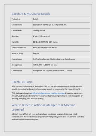 BTech in AI & ML Course Overview, Eligibility & Admission Process | PDF