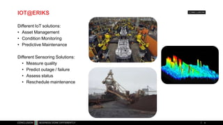 IOT@ERIKS
Different IoT solutions:
• Asset Management
• Condition Monitoring
• Predictive Maintenance
Different Sensoring Solutions:
• Measure quality
• Predict outage / failure
• Assess status
• Reschedule maintenance
6
 