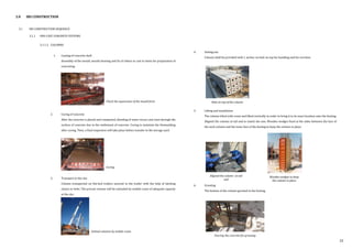 3.1 IBS CONSTRUCTION SEQUENCE
3.1.1 PRE-CAST CONCRETE SYSTEMS
3.1.1.3 COLUMNS
1. Casting of concrete shell
Assembly of the mould, mould cleaning and fix of rebars or cast in items for preparation of
concreting.
2. Curing of concrete
After the concrete is placed and compacted, bleeding of water occurs and rises through the
surface of concrete due to the settlement of concrete. Curing to maintain the Demoulding
after curing. Then, a final inspection will take place before transfer to the storage yard.
3. Transport to the site
Column transported on flat-bed trailers secured to the trailer with the help of latching
chains or belts. The precast column will be unloaded by mobile crane of adequate capacity
at the site.
3.0 IBS CONSTRUCTION
4. Setting out
Column shall be provided with 1 anchor on hole on top for handling and for erection.
5. Lifting and installation
The column tilted with crane and lifted vertically in order to bring it to its exact location onto the footing.
Aligned the column at tail end to match the axis. Wooden wedges fixed at the sides between the face of
the neck column and the inner face of the footing to keep the column in place.
6. Grouting
The bottom of the column grouted in the footing.
Hole on top of the column
Aligned the column at tail
end
Wooden wedges to keep
the column in place
Pouring the concrete for grouting
Check the squareness of the mould form
Curing
Unload columns by mobile crane
33
 